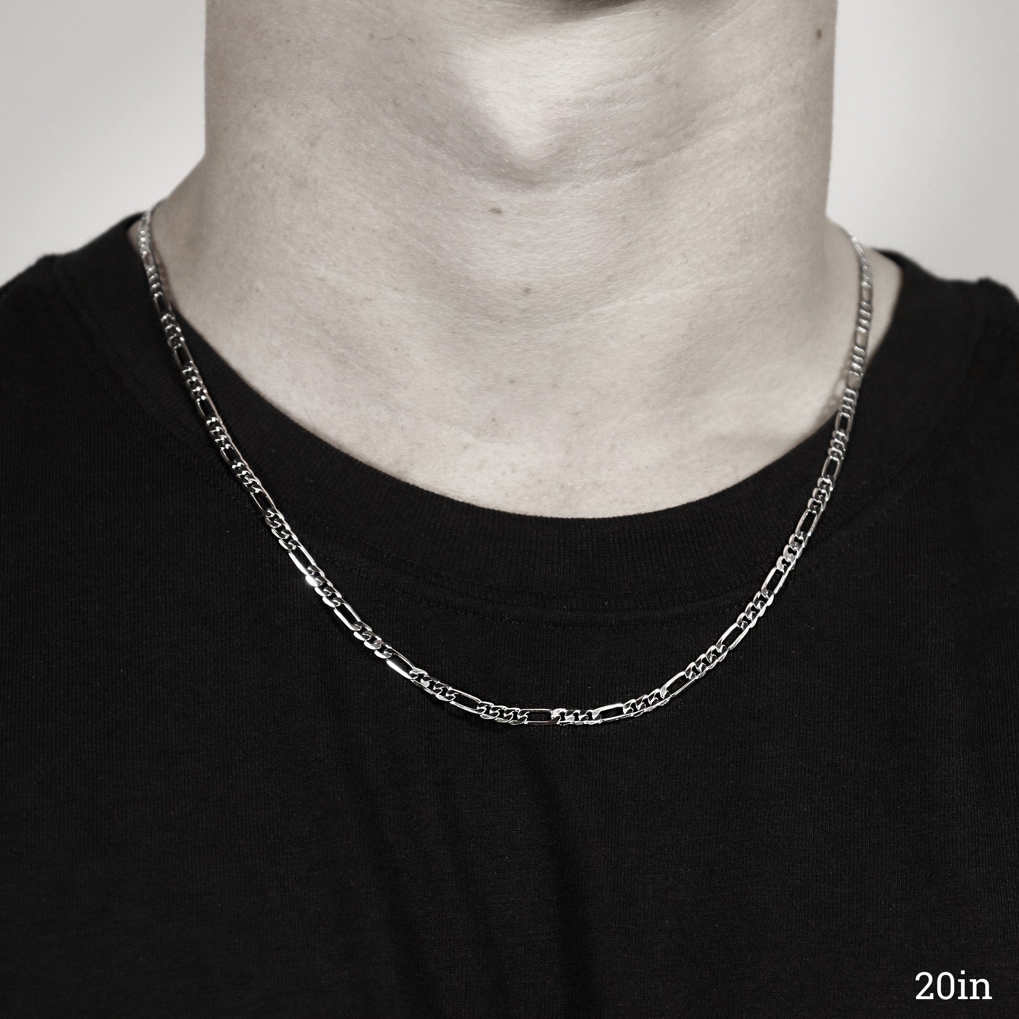 Sterling Silver Platinum Plated Diamond Cut Figaro Chain