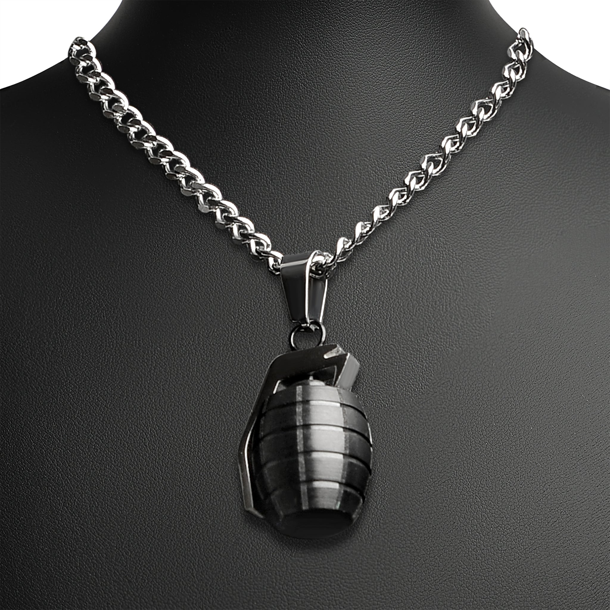 Stainless Steel Black Grenade Curb Chain Necklace