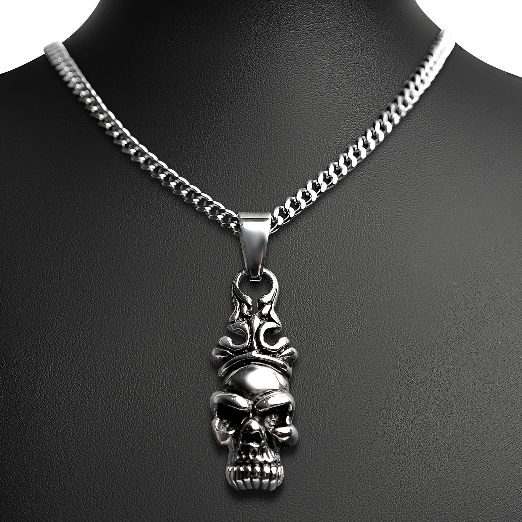 Stainless Steel Skull with Filigree Crown Curb Chain Necklace