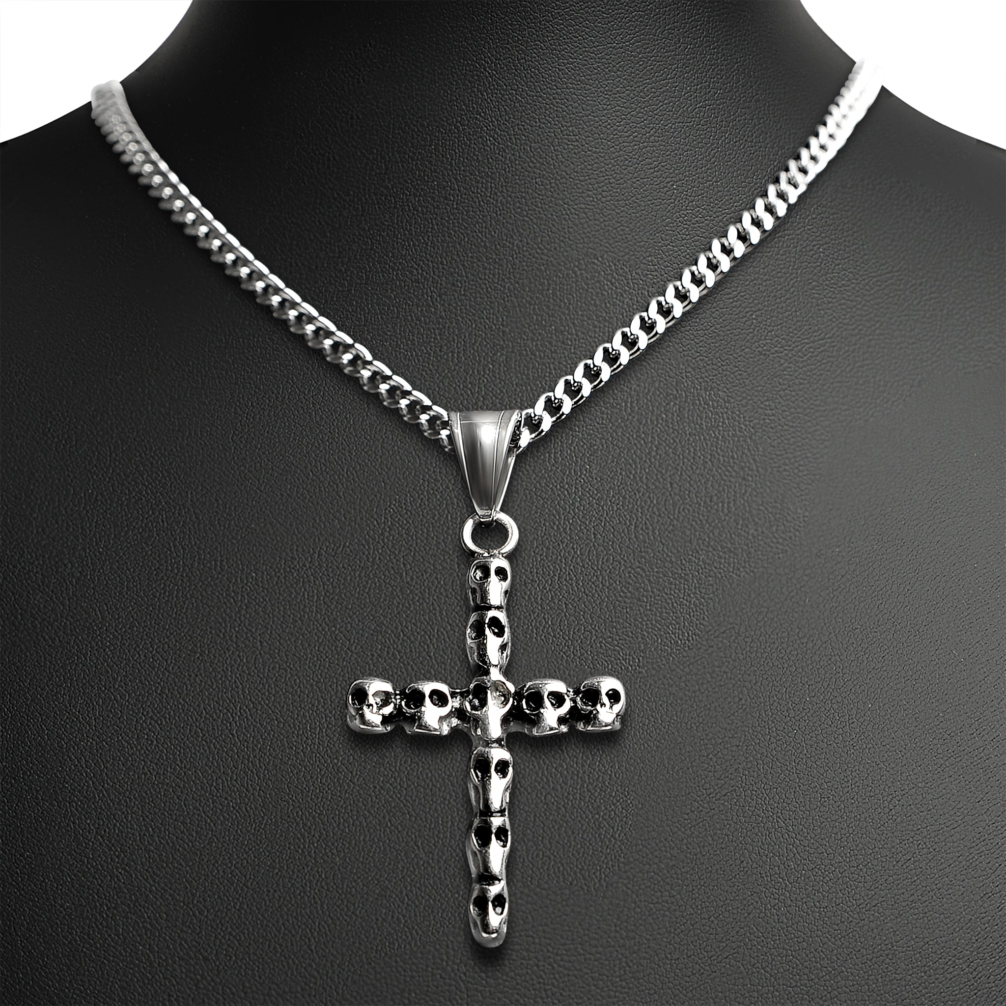 Stainless Steel Cross Of Skulls Curb Chain Necklace