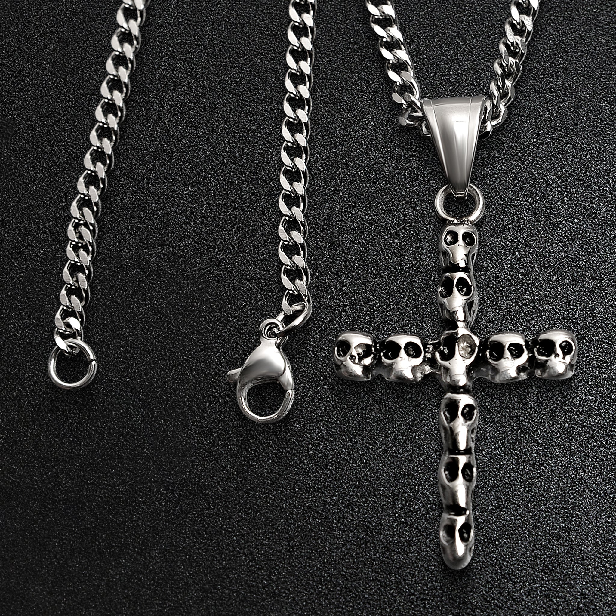 Stainless Steel Cross Of Skulls Curb Chain Necklace