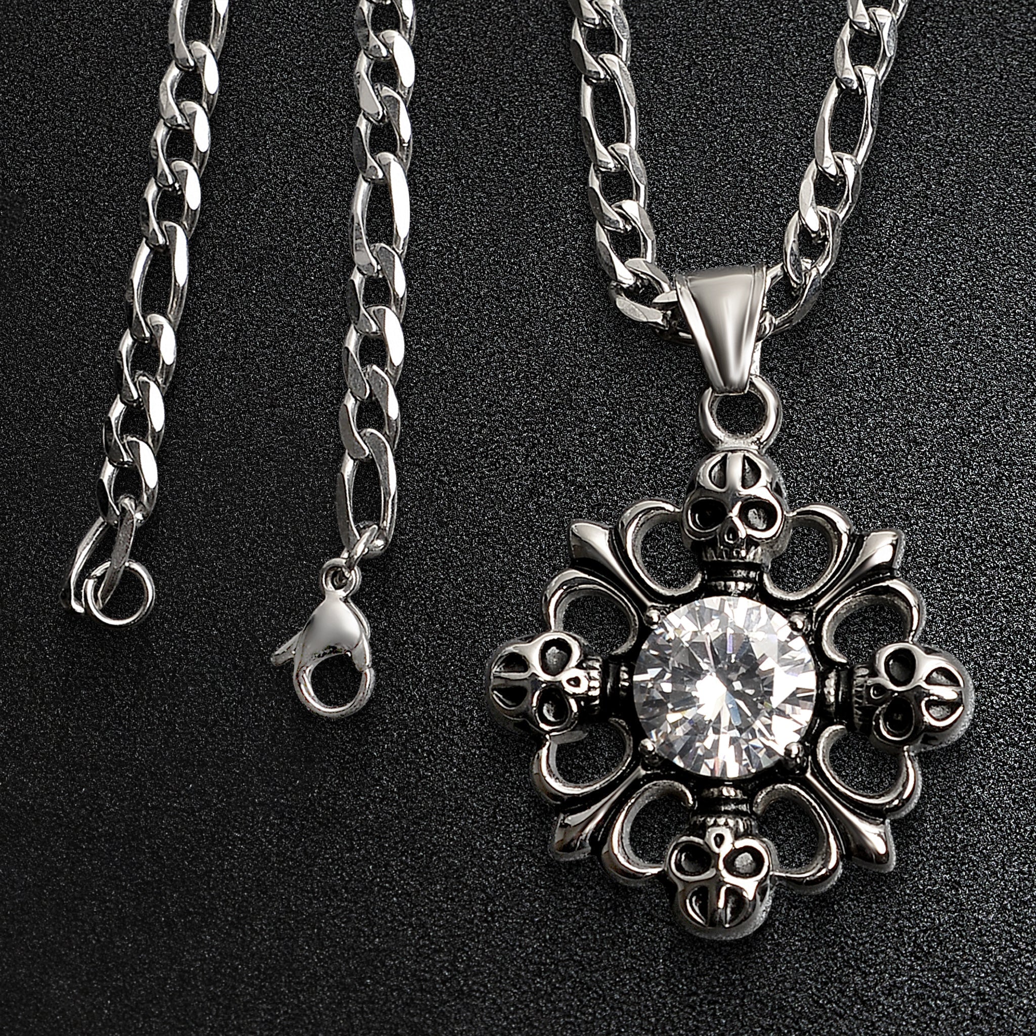 Stainless Steel Fleur De Lis & Skulls & CZ Figaro Chain Necklace