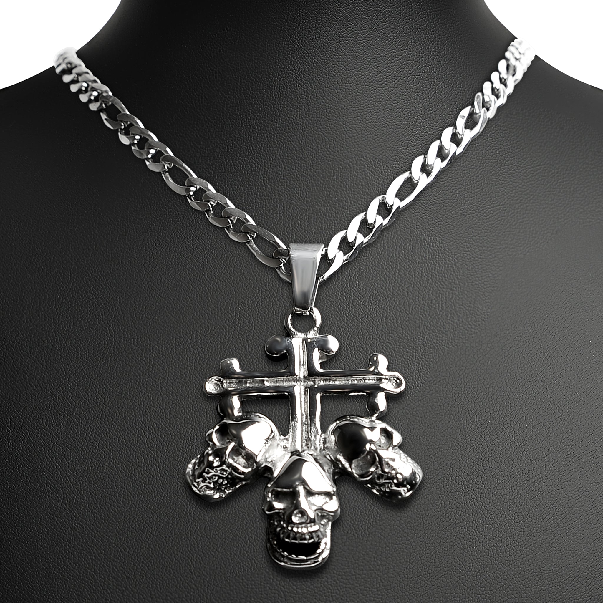 Stainless Steel Triple Skulls On Cross Figaro Chain Necklace