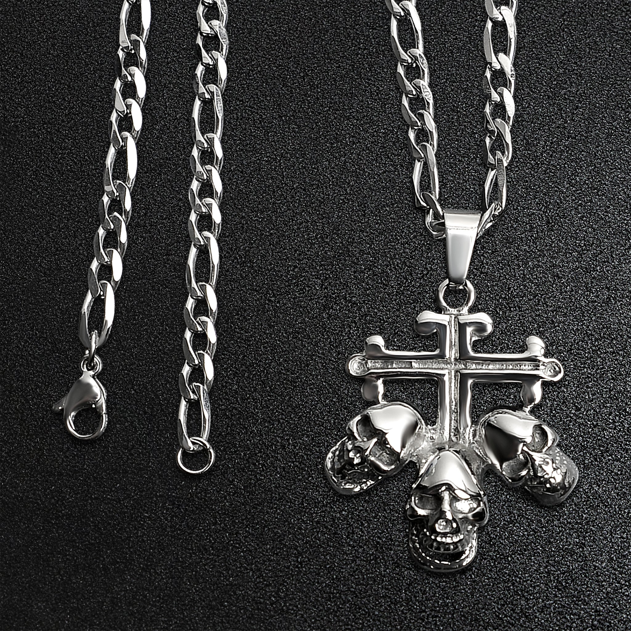 Stainless Steel Triple Skulls On Cross Figaro Chain Necklace