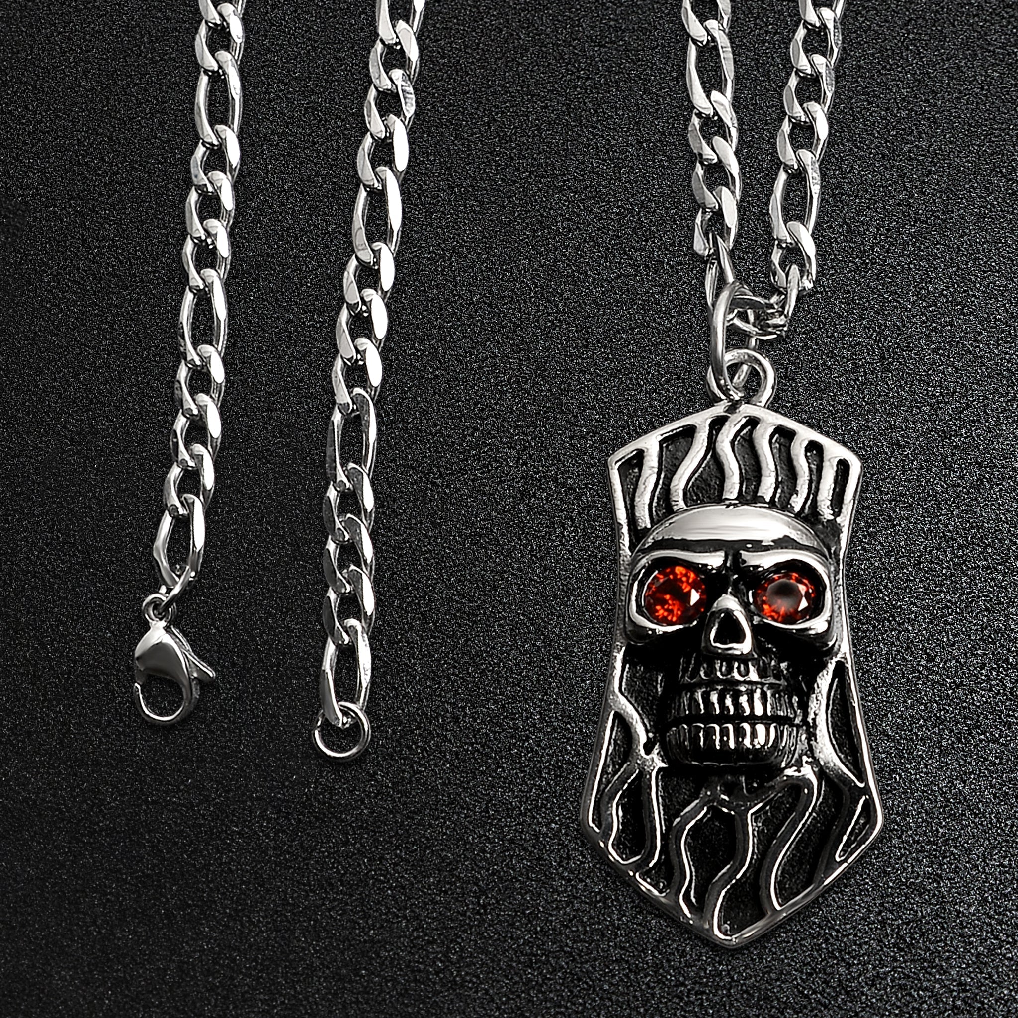 Stainless Steel Red CZ Eyed Skull Shield Figaro Chain Necklace