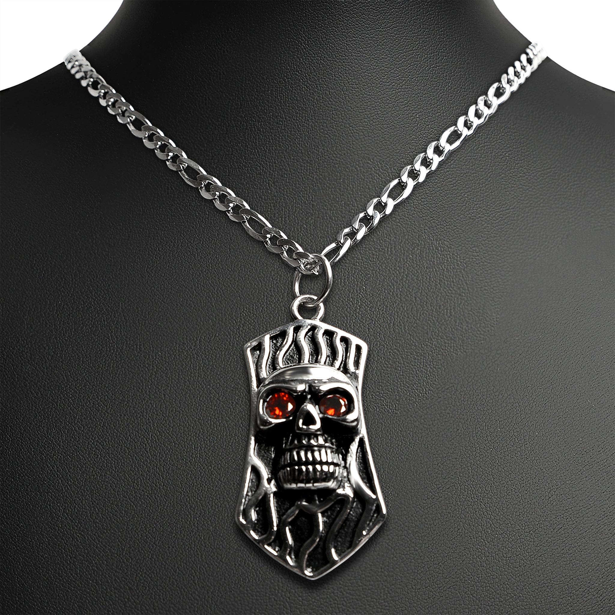 Stainless Steel Red CZ Eyed Skull Shield Figaro Chain Necklace