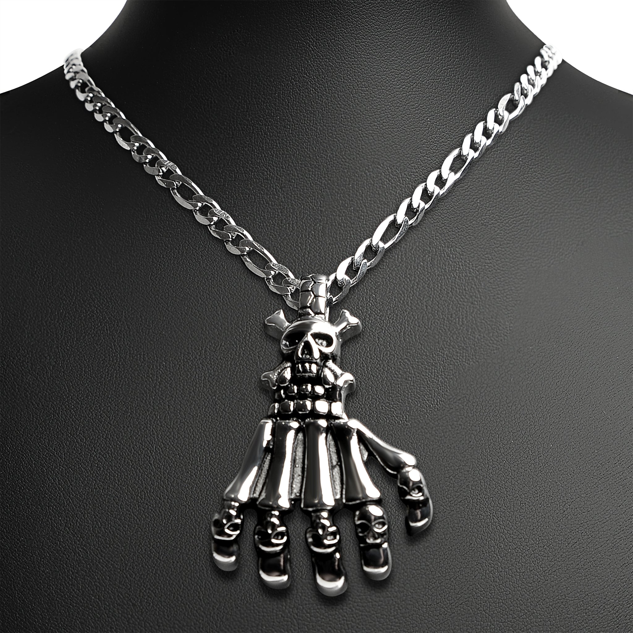 Stainless Steel Skull Skeleton Hand Figaro Chain Necklace