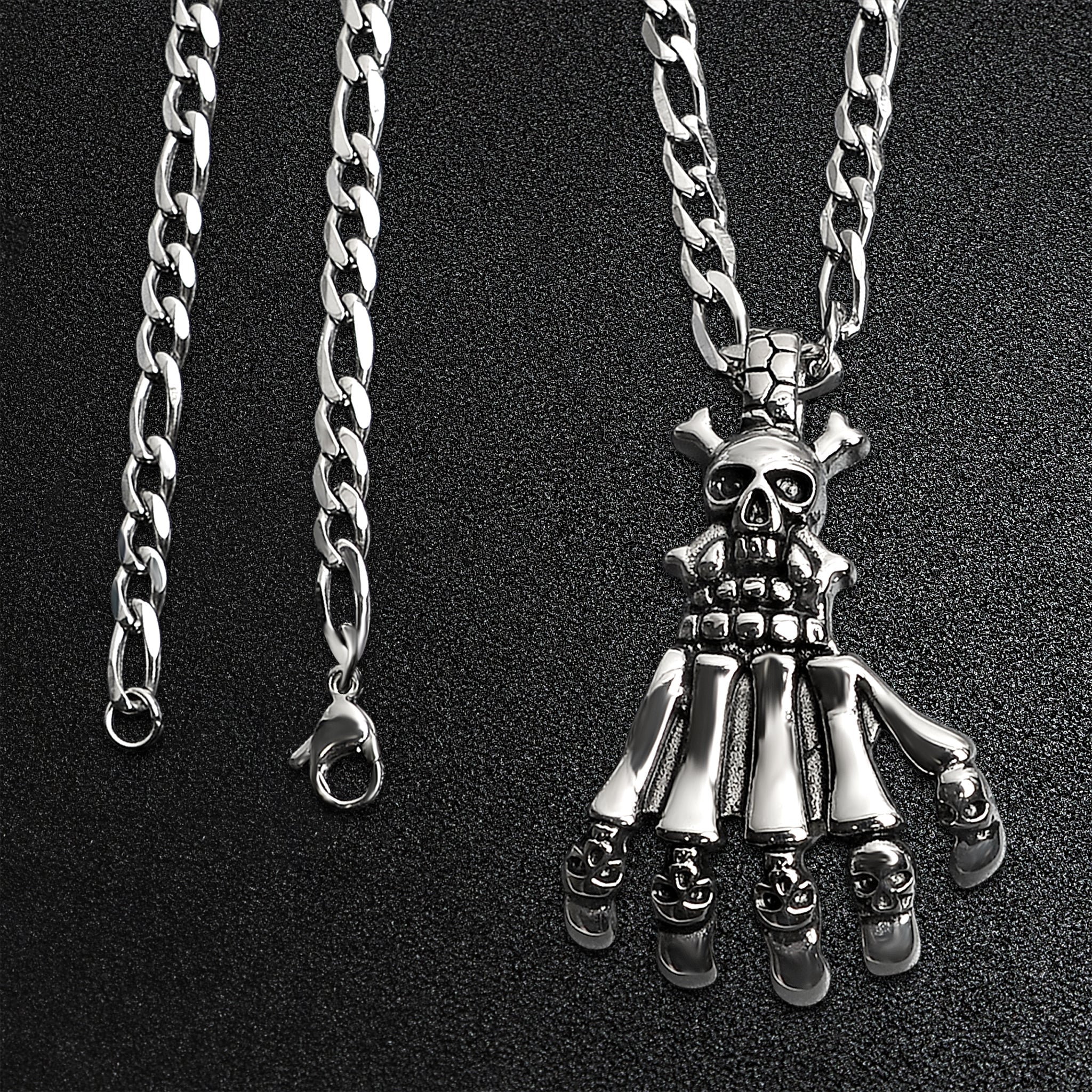 Stainless Steel Skull Skeleton Hand Figaro Chain Necklace