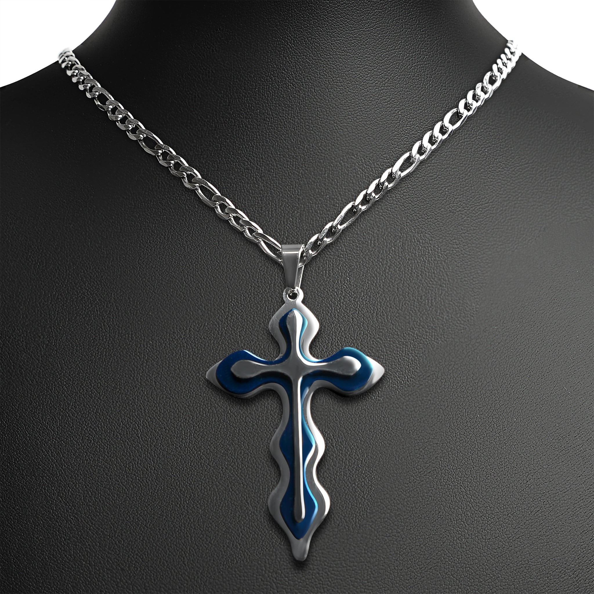 Stainless Steel And Blue Triple Layer Cross Figaro Chain Necklace