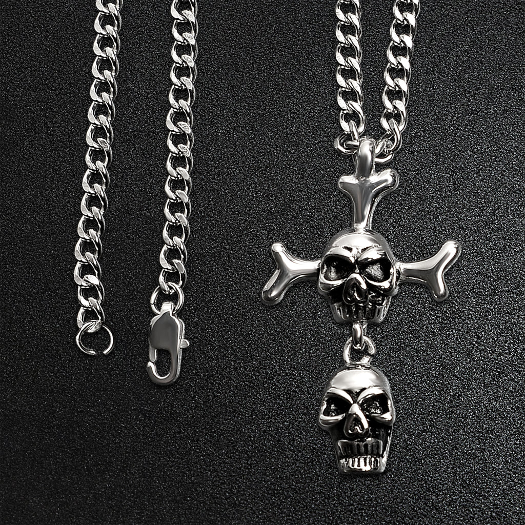 Stainless Steel Double Skull And Bones Figaro Chain Necklace