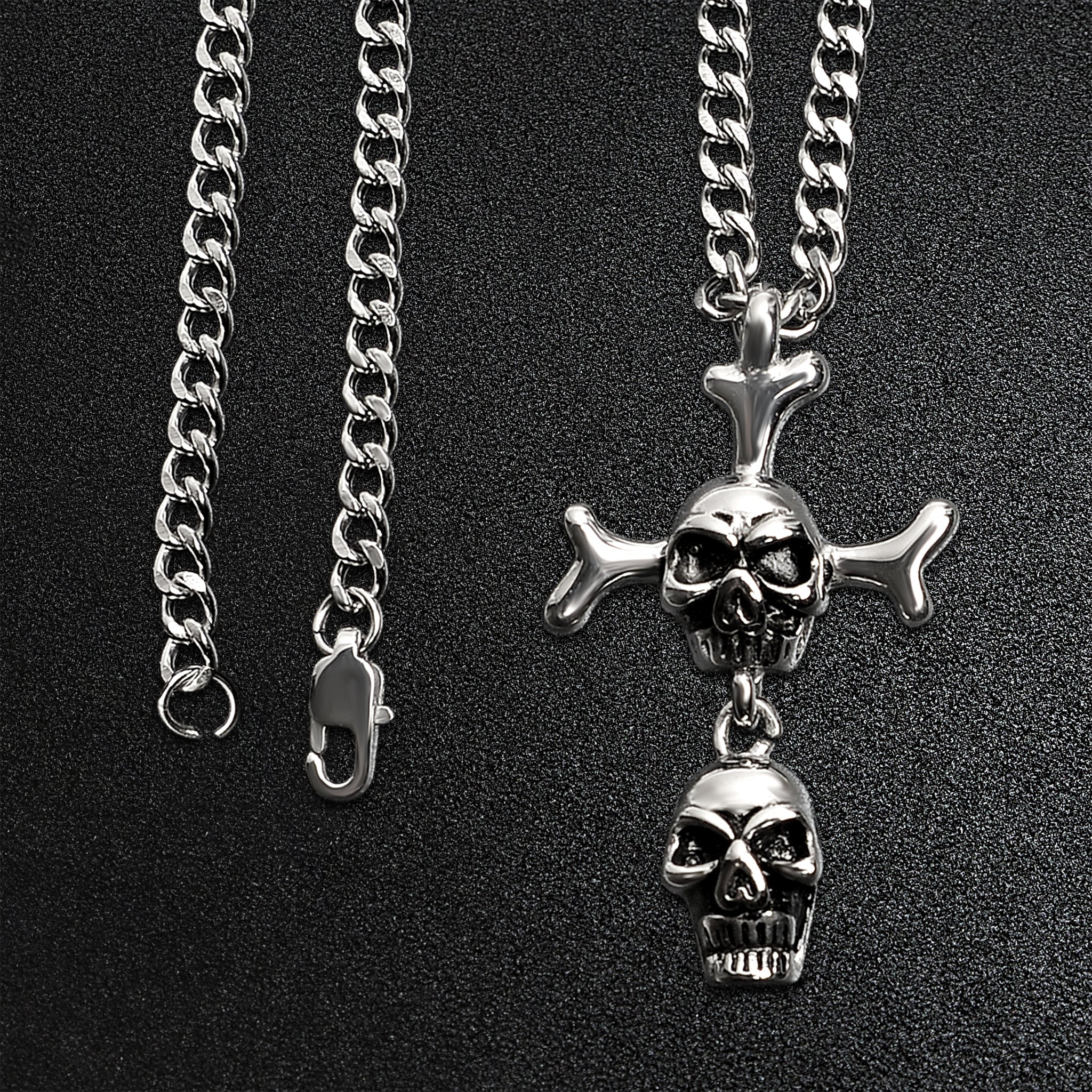 Stainless Steel Double Skull And Bones Figaro Chain Necklace