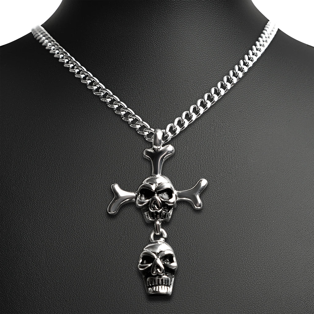Stainless Steel Double Skull And Bones Figaro Chain Necklace