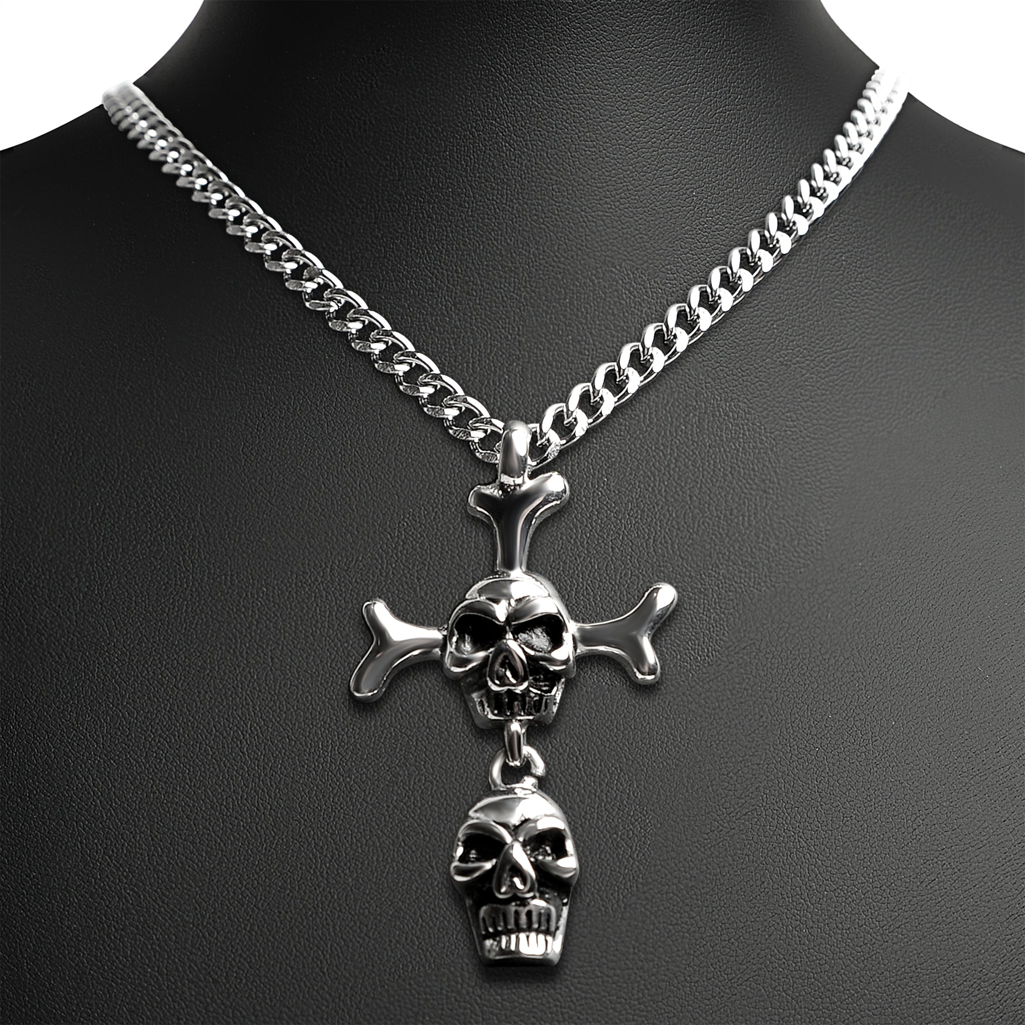 Stainless Steel Double Skull And Bones Figaro Chain Necklace
