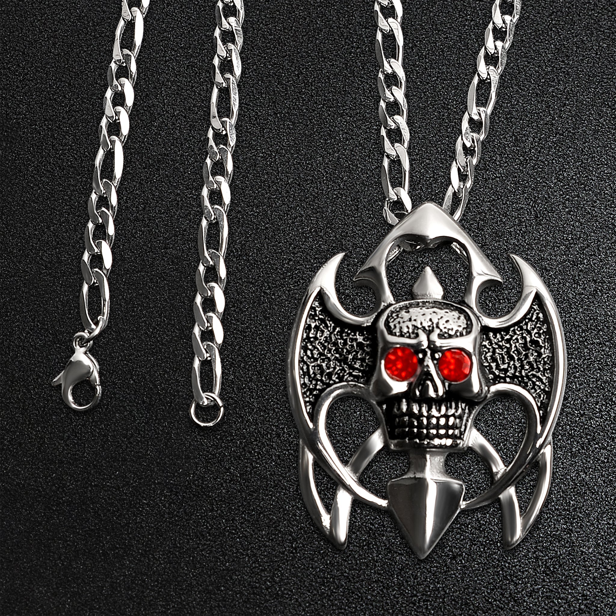 Stainless Steel Tribal Red CZ Eyed Skull Figaro Chain Necklace