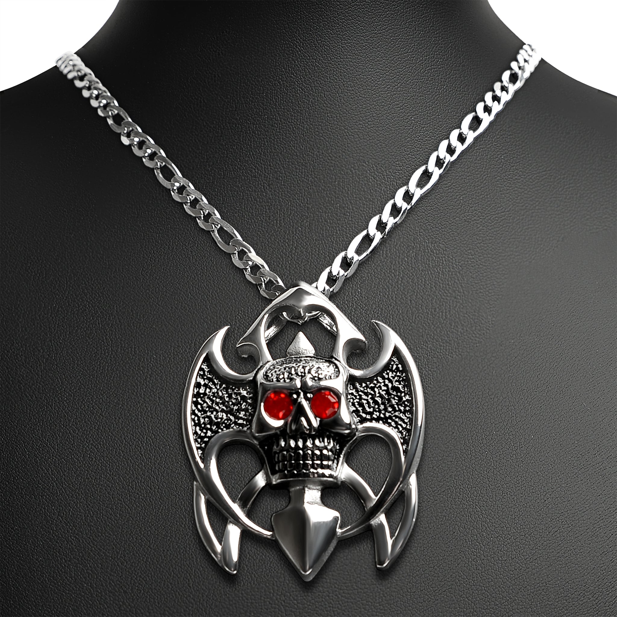 Stainless Steel Tribal Red CZ Eyed Skull Figaro Chain Necklace