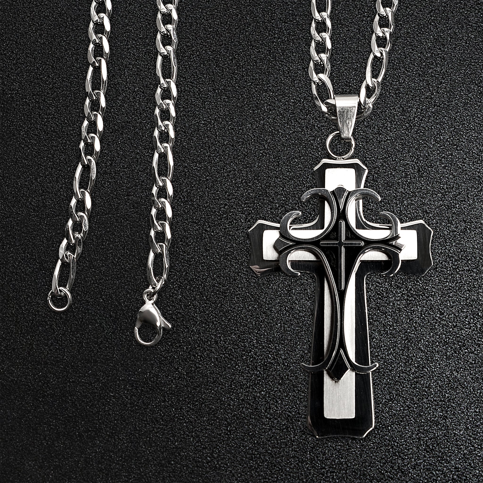 Stainless Steel And Black Layered Cross Figaro Chain Necklace
