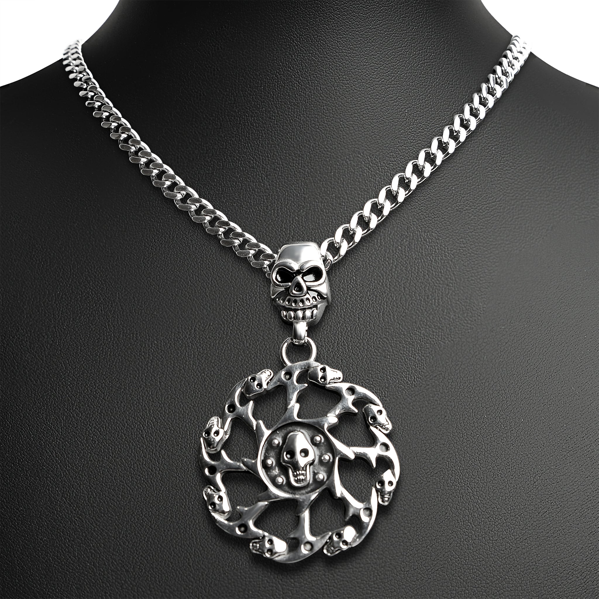 Stainless Steel Skull Spiked Death Wheel Curb Chain Necklace