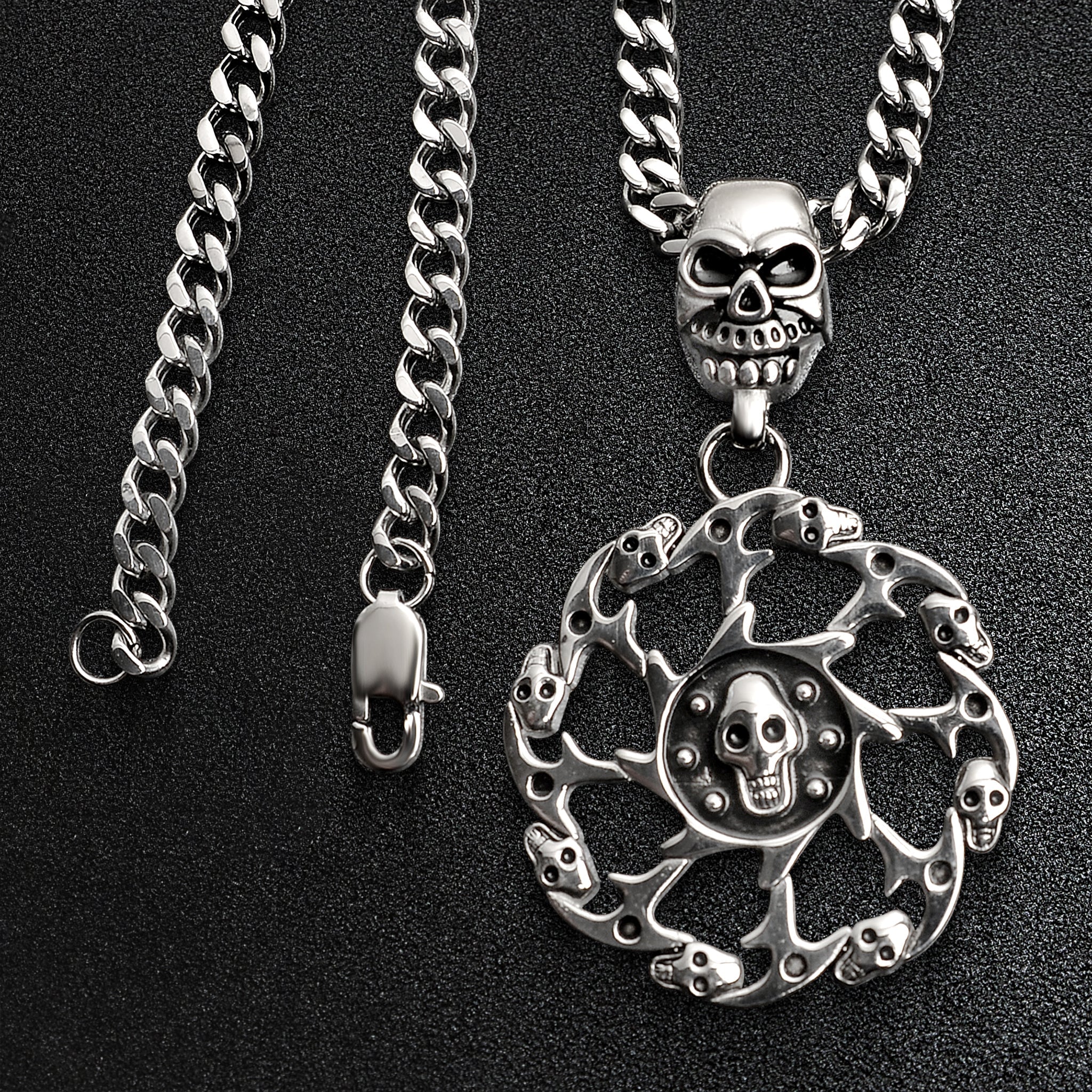Stainless Steel Skull Spiked Death Wheel Curb Chain Necklace