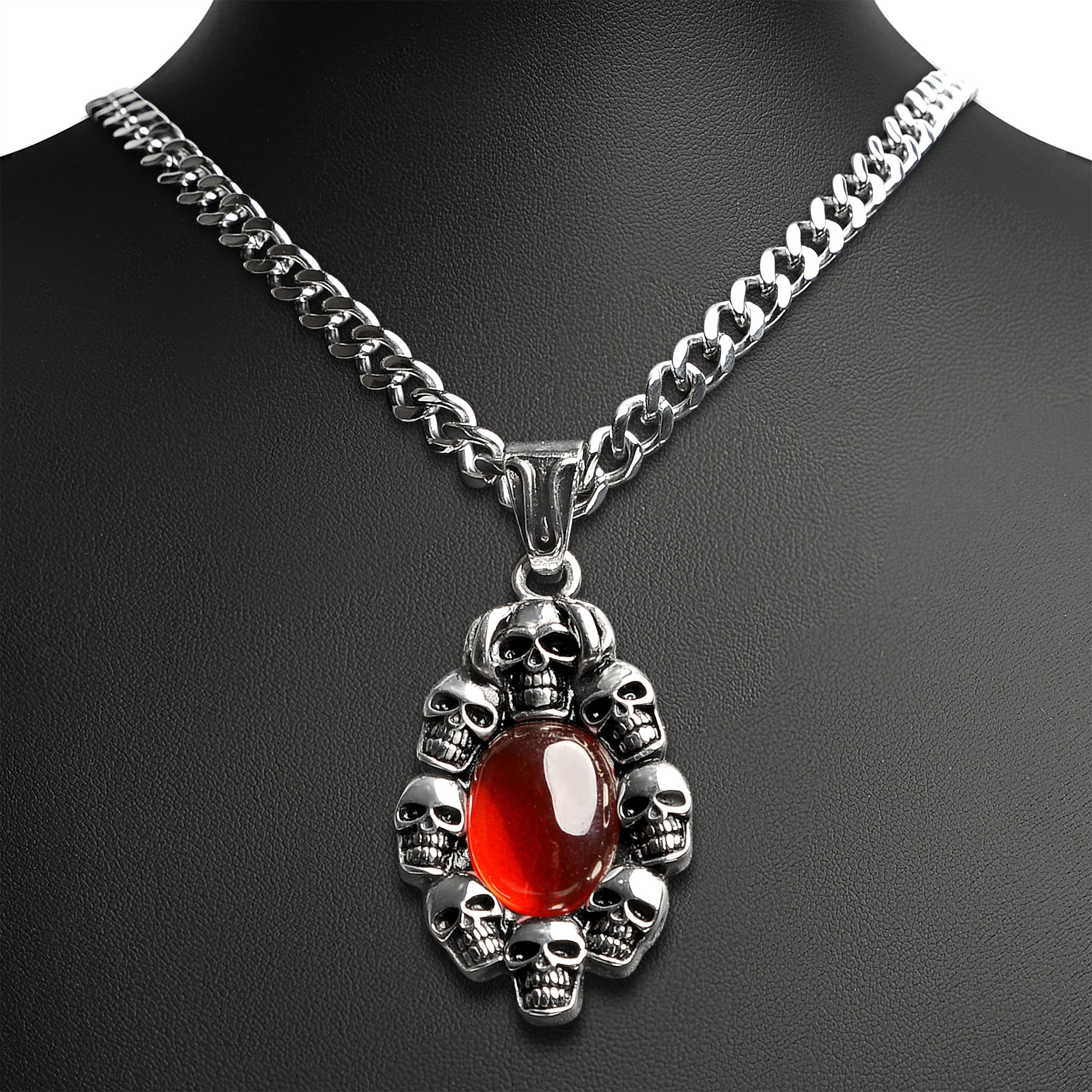 Stainless Steel Skulls With Red Glass Center Curb Chain Necklace