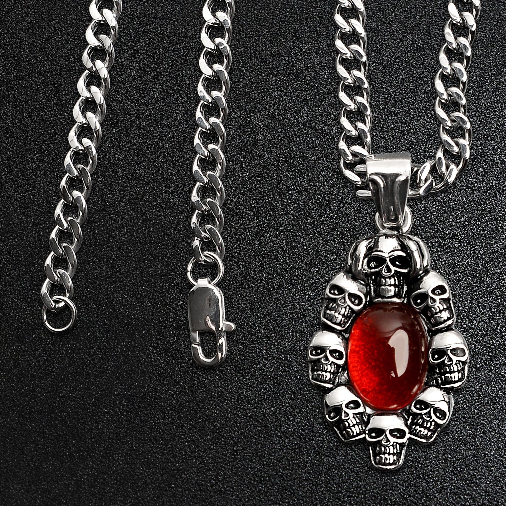 Stainless Steel Skulls With Red Glass Center Curb Chain Necklace