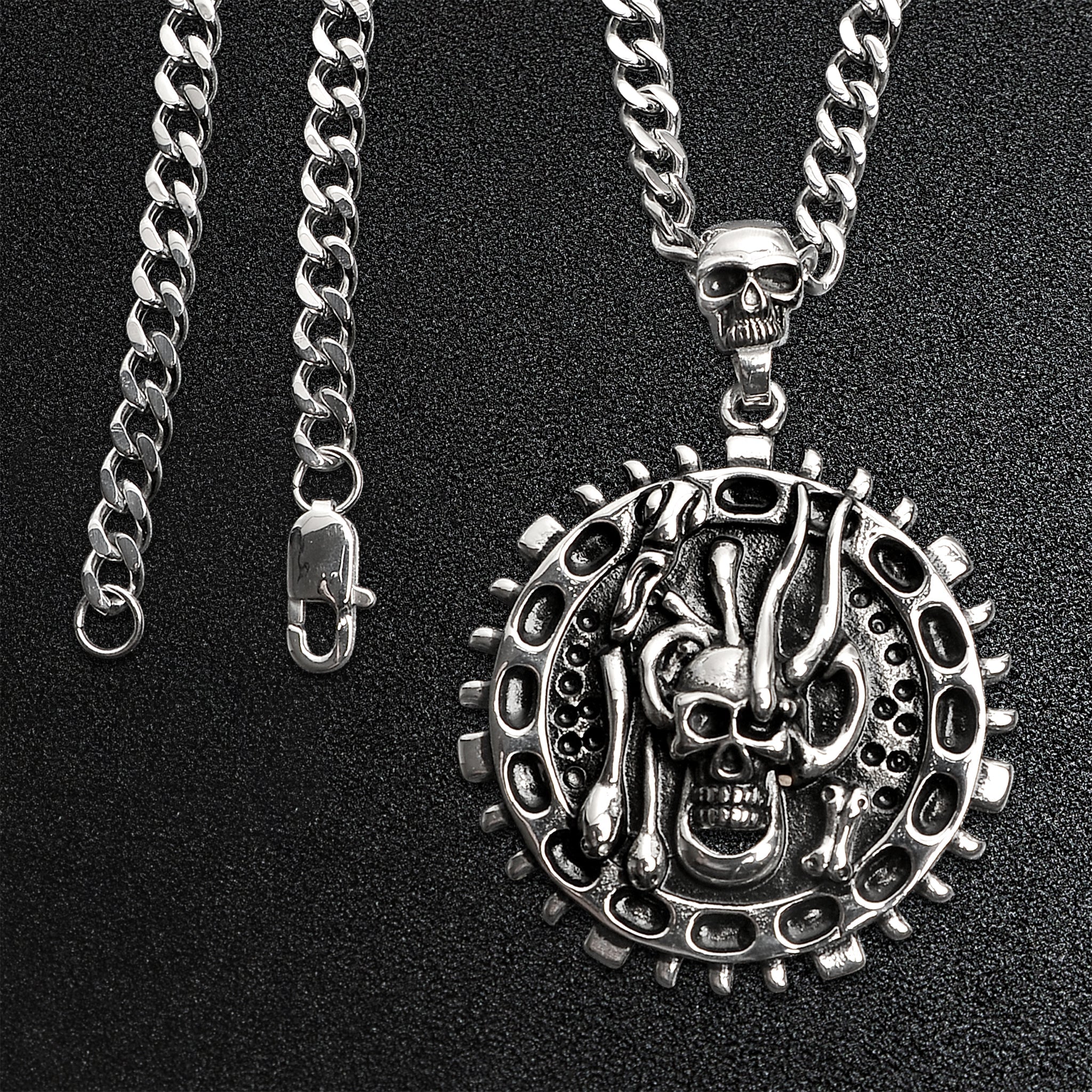 Stainless Steel Large Skull & Snakes Spike Shield Curb Chain Necklace