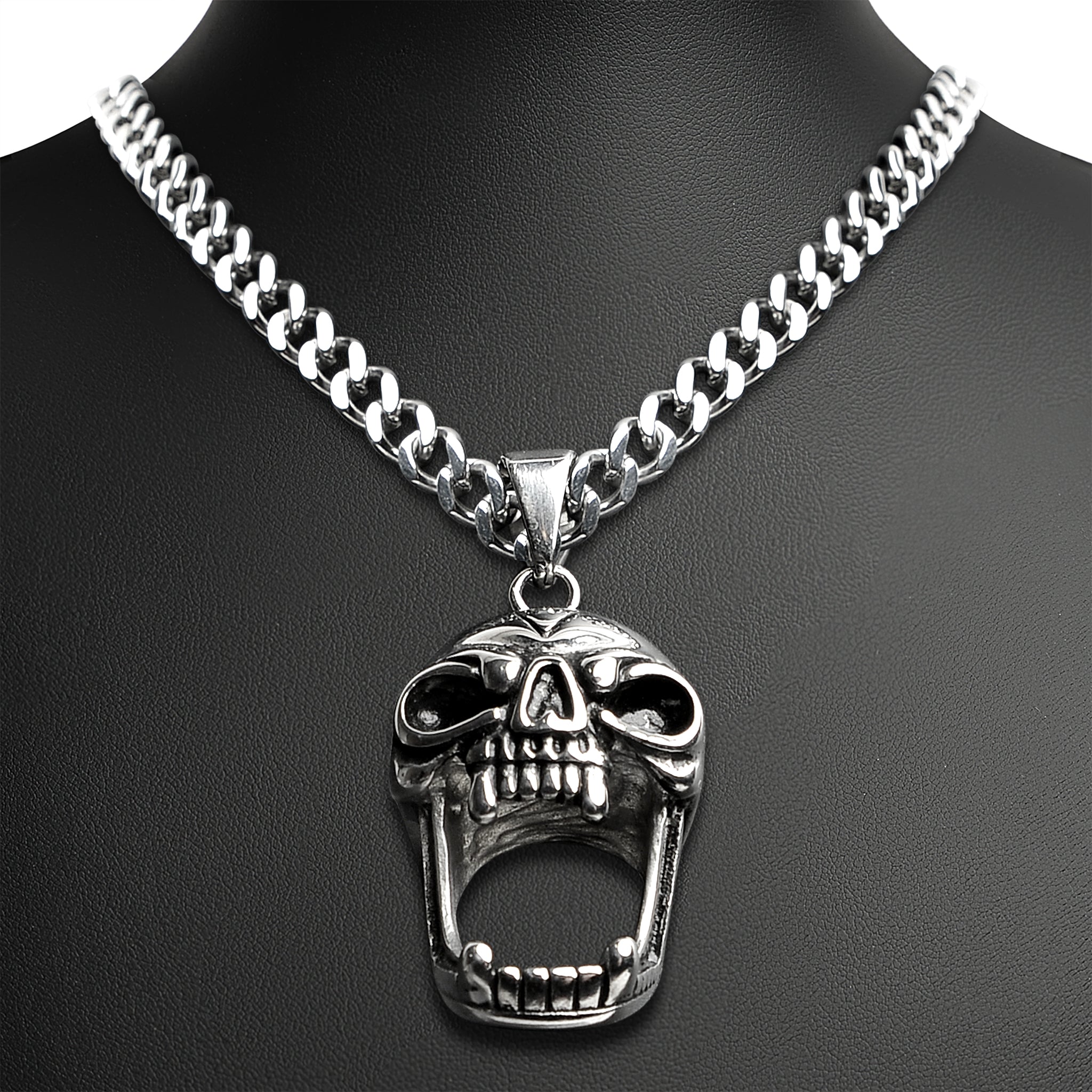 Stainless Steel Screaming Fanged Skull Curb Chain Necklace