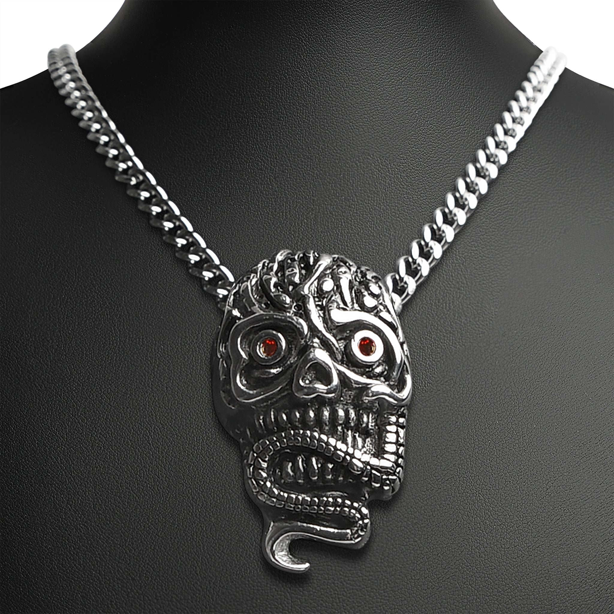 Stainless Steel Red CZ Eyed Skull With Snake Curb Chain Necklace