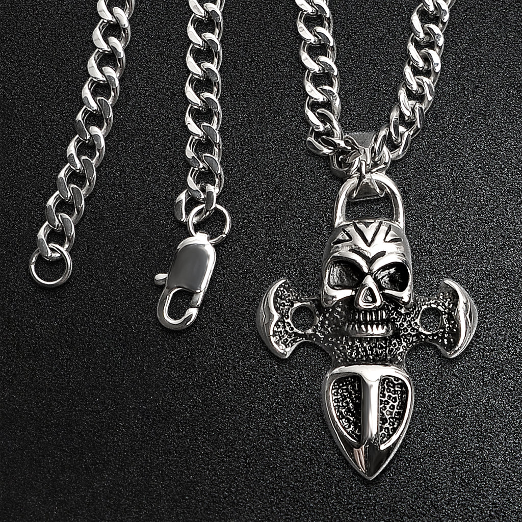 Stainless Steel Skull And Dagger Curb Chain Necklace