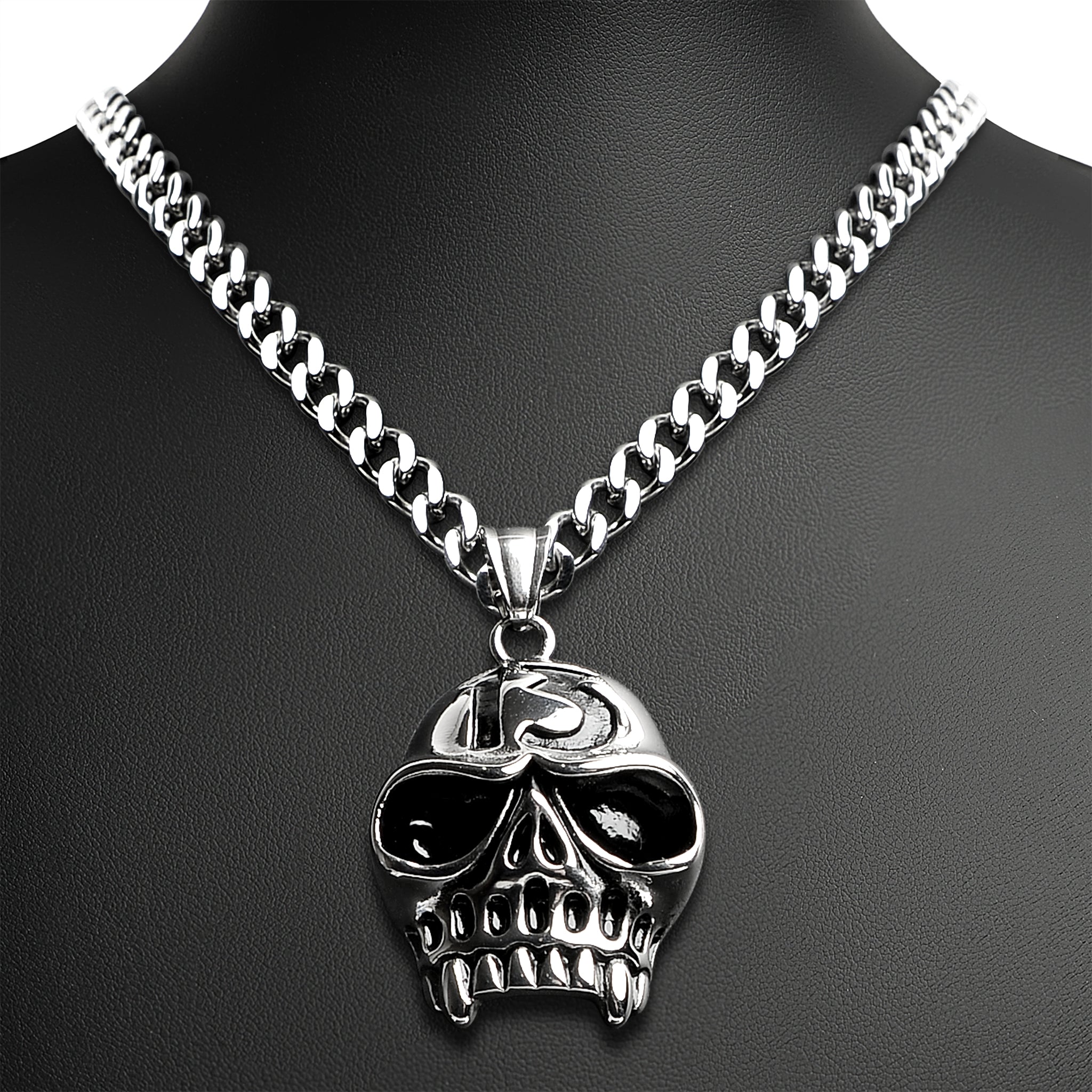 Stainless Steel "13" Fanged Skull Curb Chain Necklace