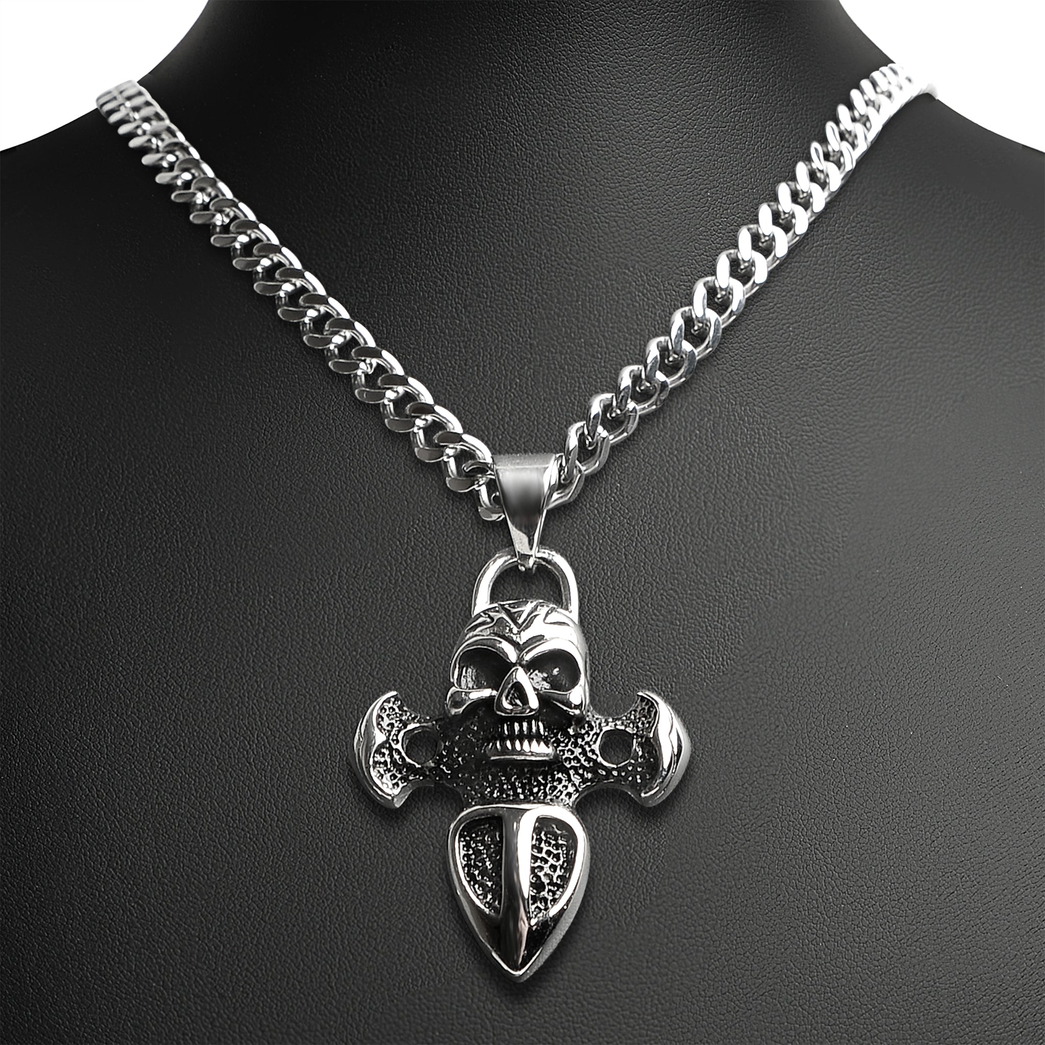 Stainless Steel Skull And Dagger Curb Chain Necklace