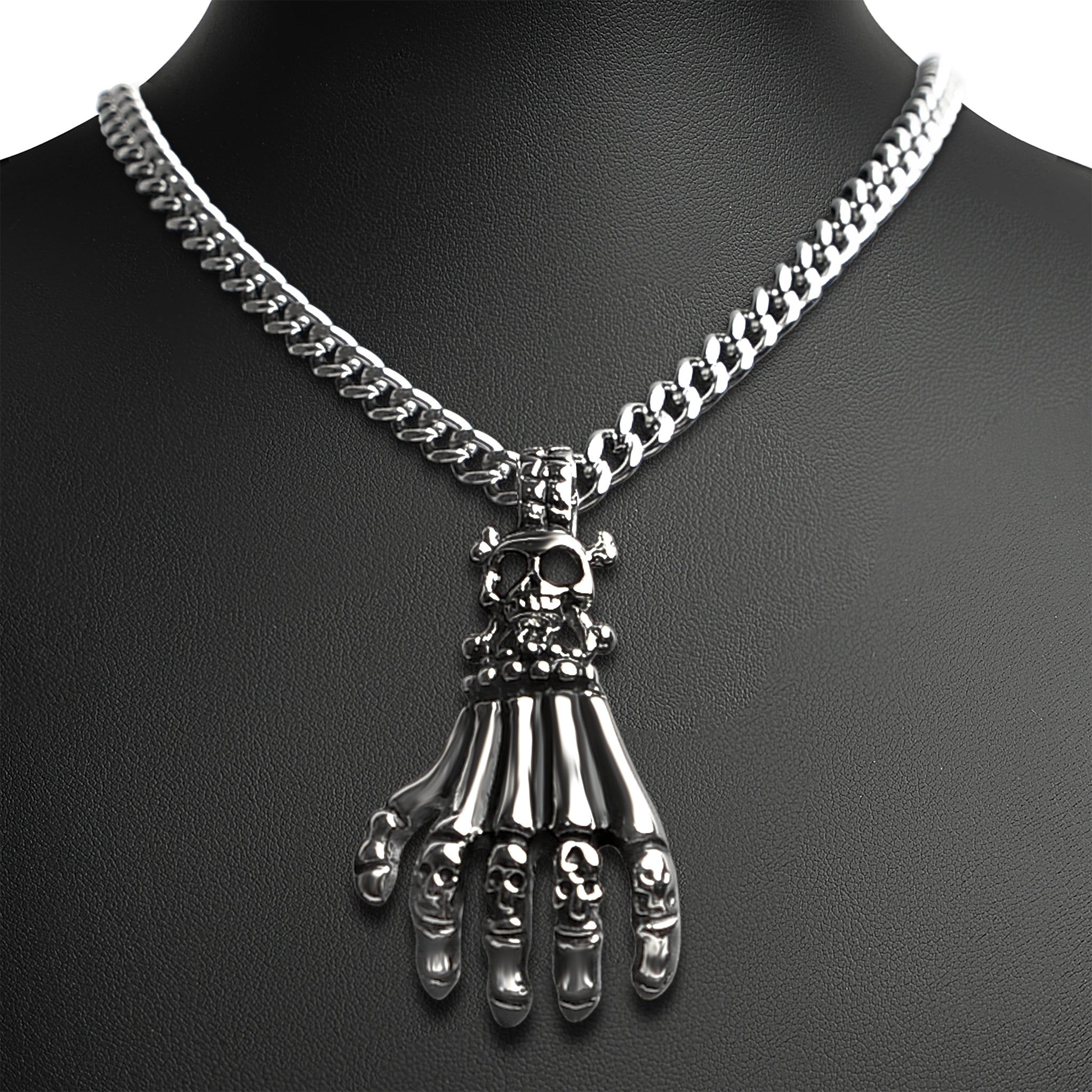 Stainless Steel Skull Skeleton Hand Curb Chain Necklace