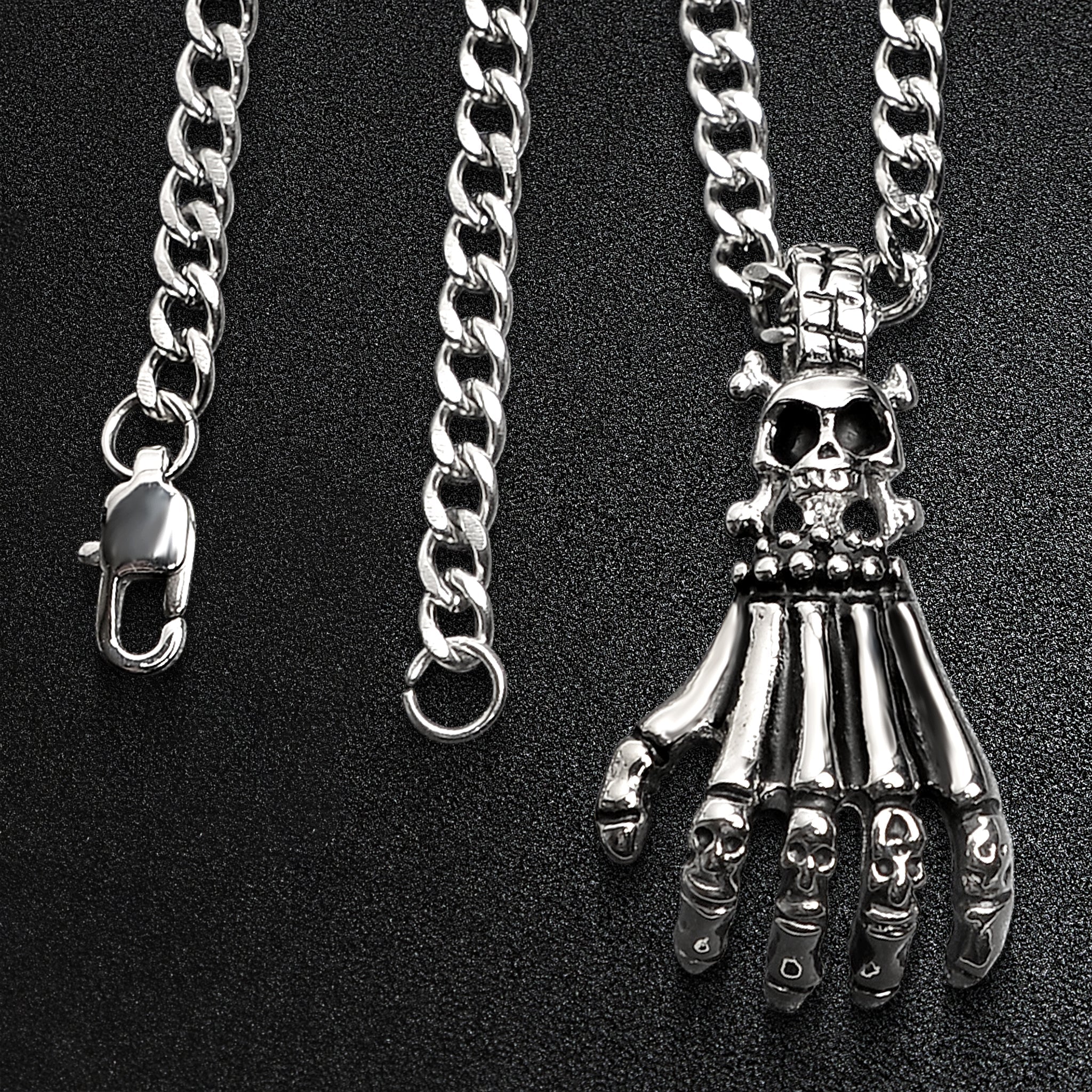 Stainless Steel Skull Skeleton Hand Curb Chain Necklace