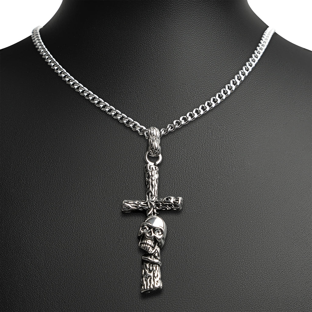 Stainless Steel Wood Texture Skull Cross Curb Chain Necklace
