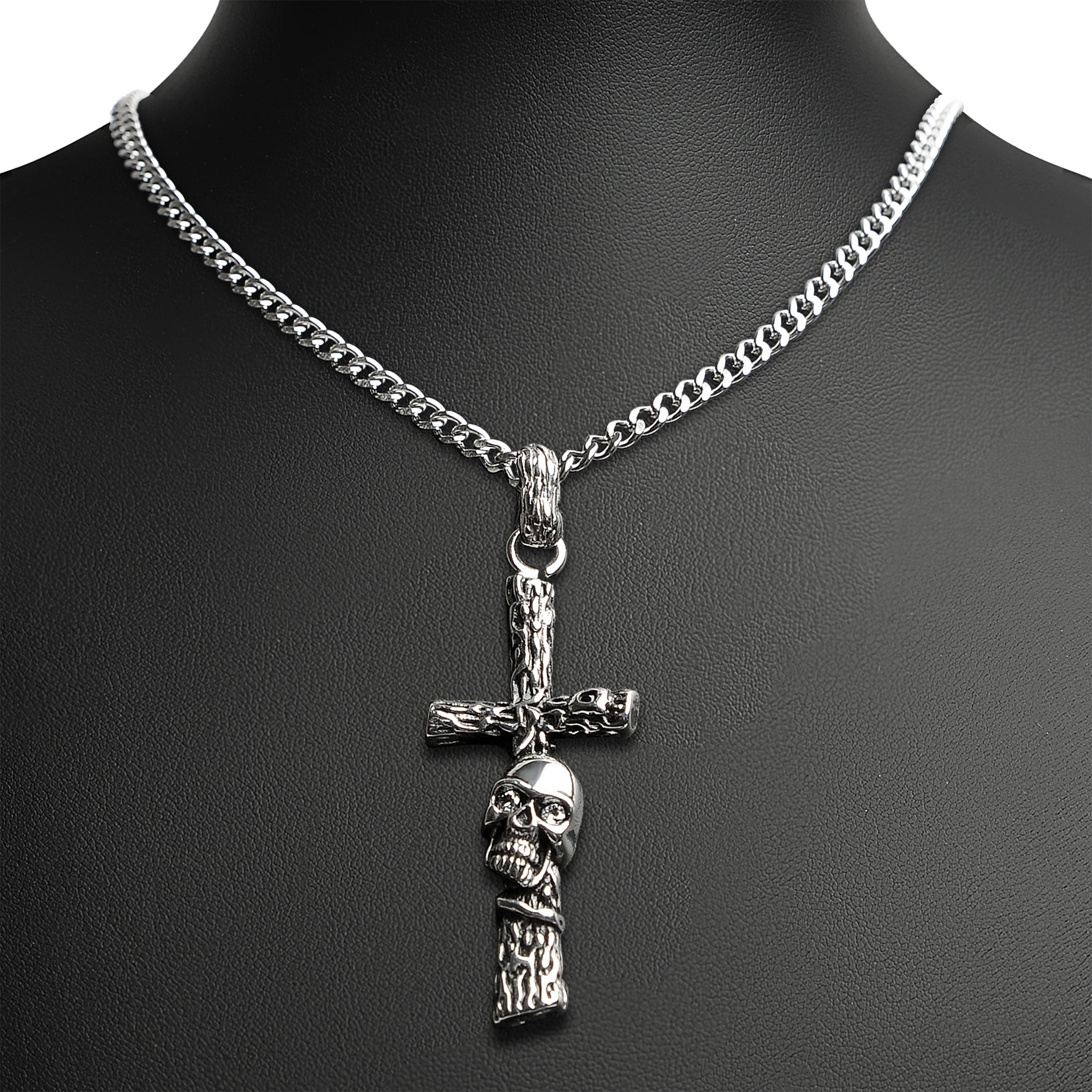 Stainless Steel Wood Texture Skull Cross Curb Chain Necklace