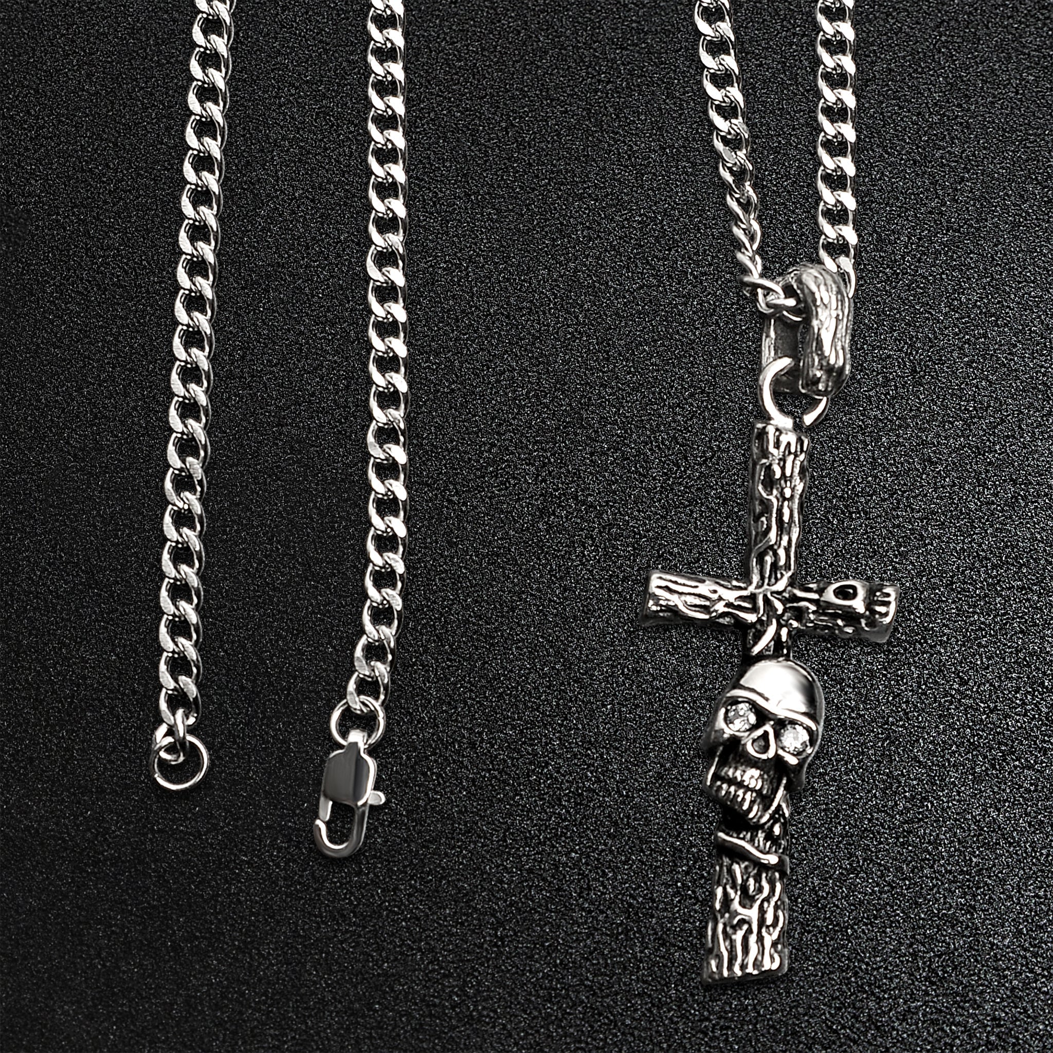 Stainless Steel Wood Texture Skull Cross Curb Chain Necklace