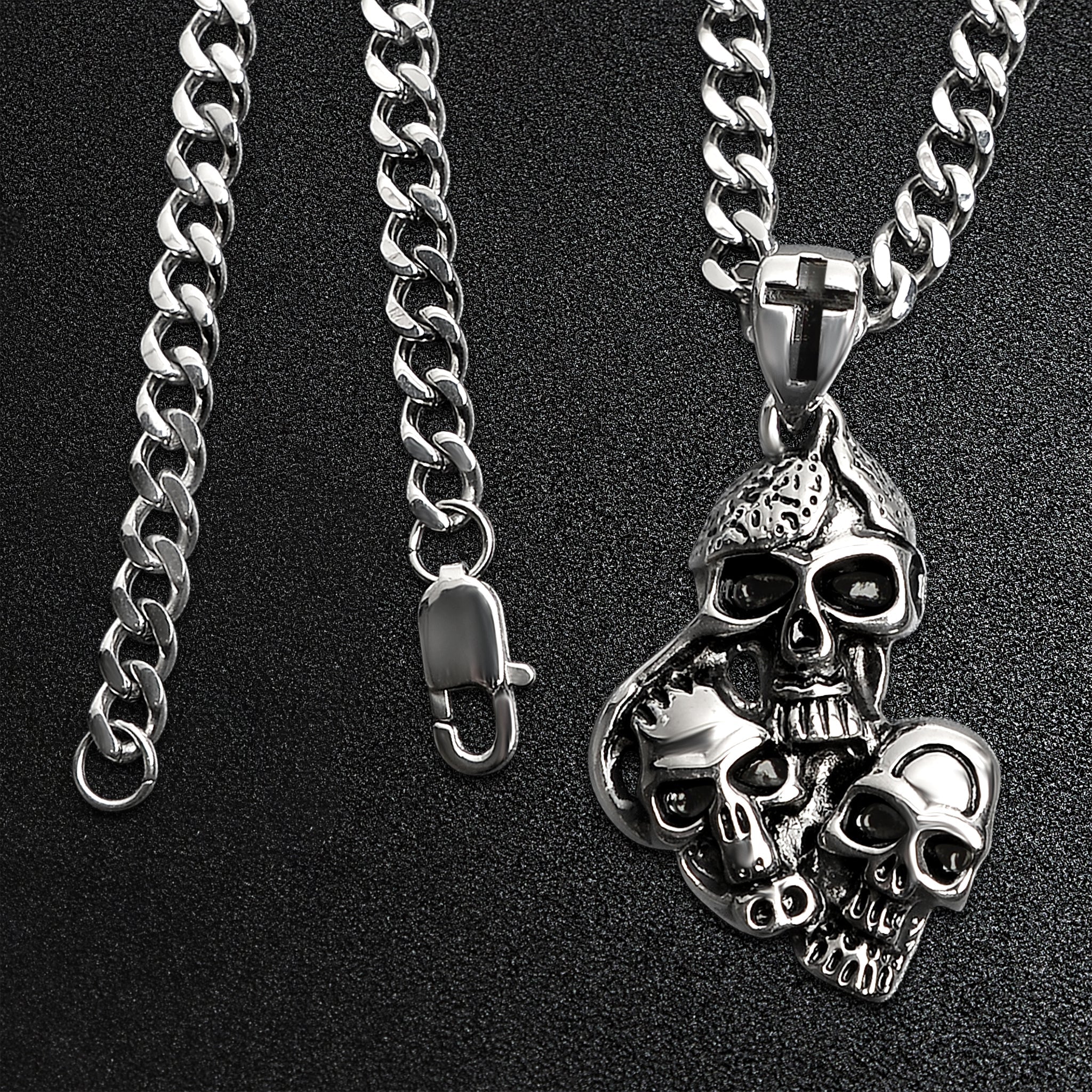 Stainless Steel Three Skulls With Black Cross Curb Chain Necklace