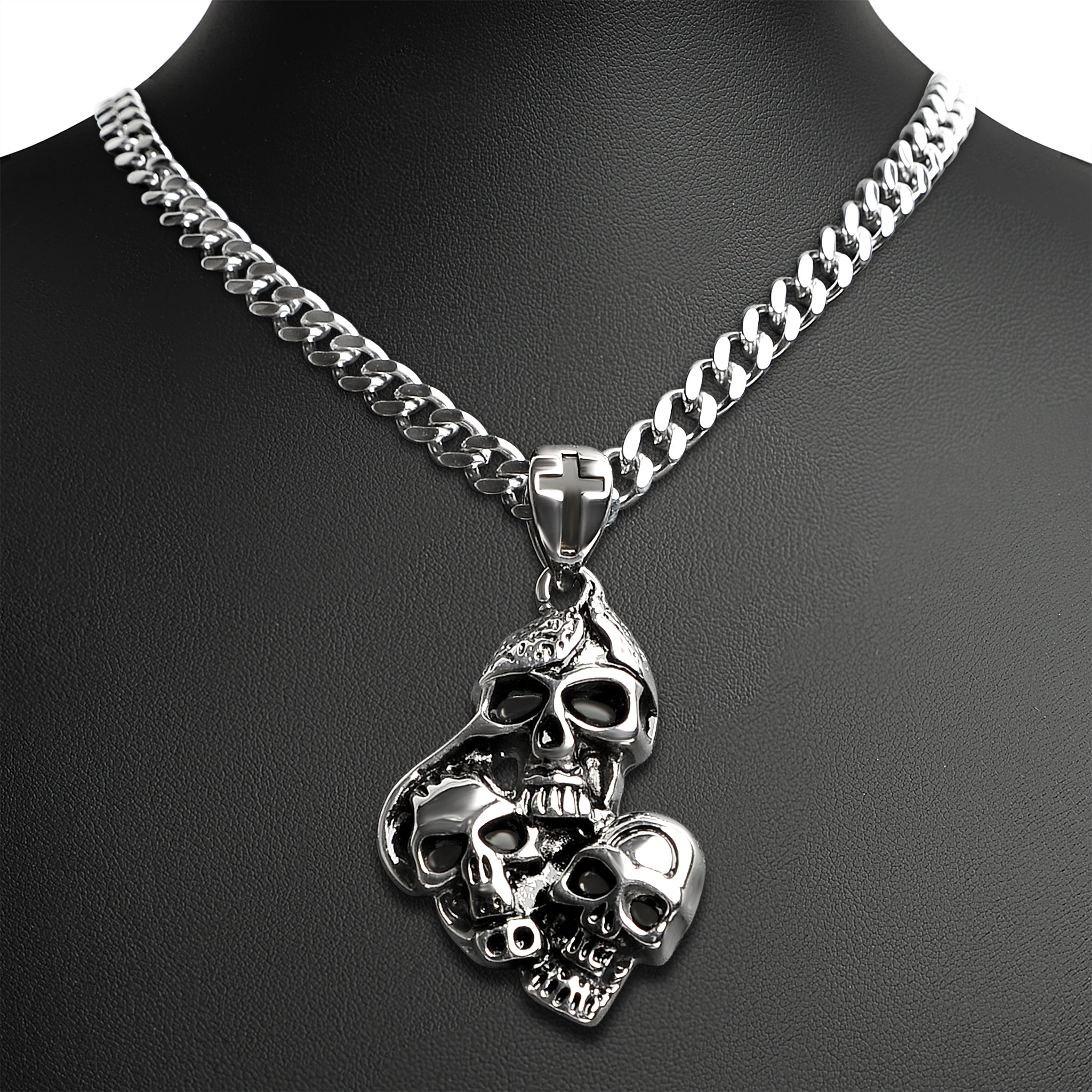 Stainless Steel Three Skulls With Black Cross Curb Chain Necklace