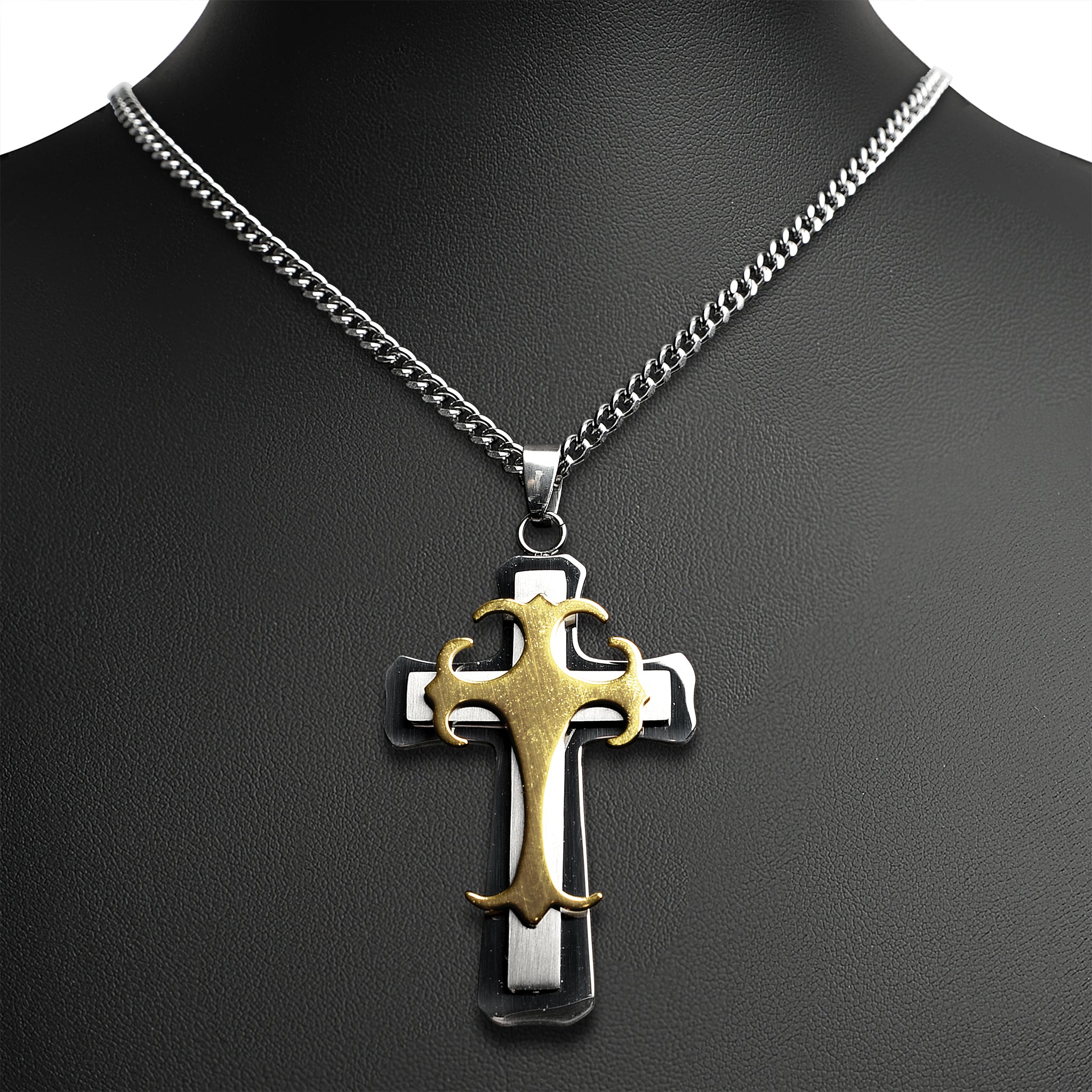 Stainless Steel & 18K Gold Plated 3 Layer Cross Curb Chain Necklace