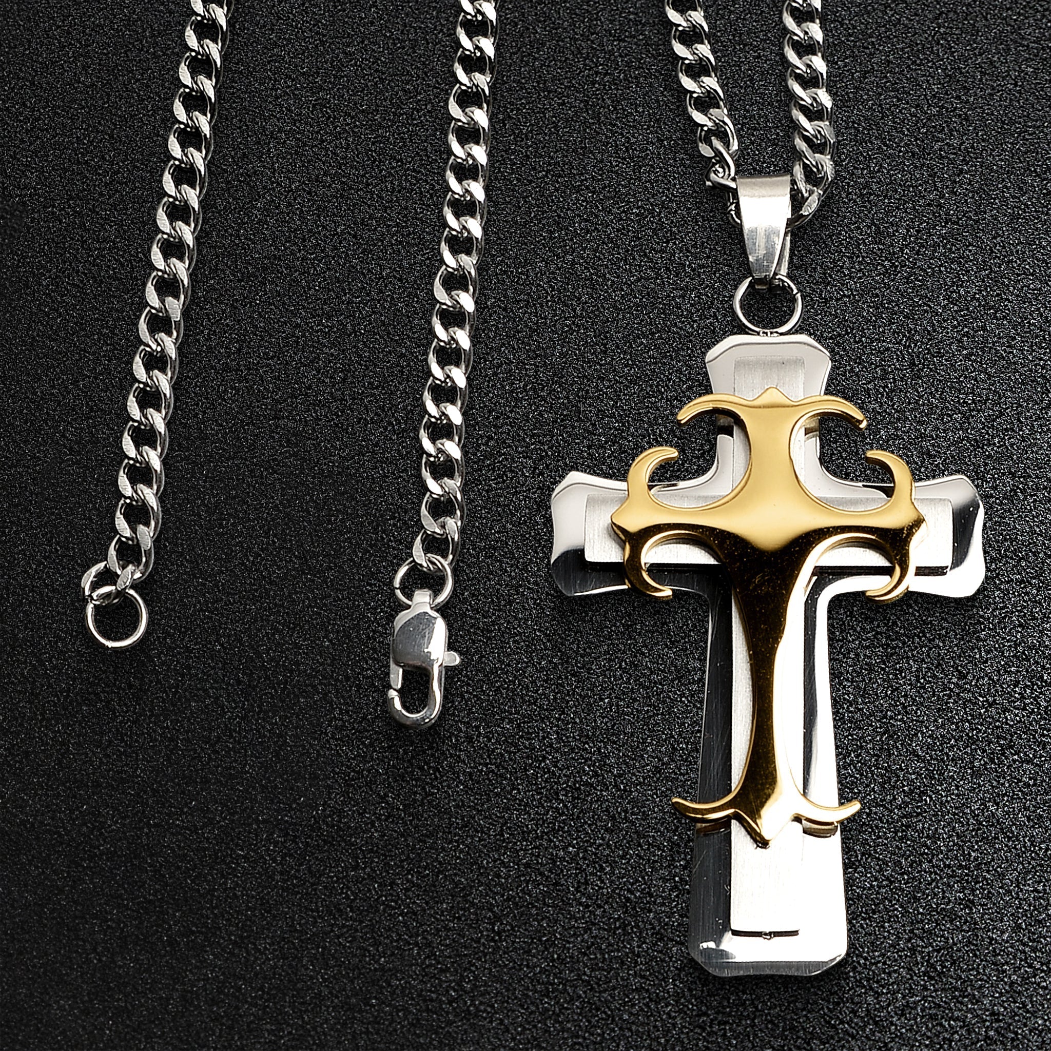 Stainless Steel & 18K Gold Plated 3 Layer Cross Curb Chain Necklace
