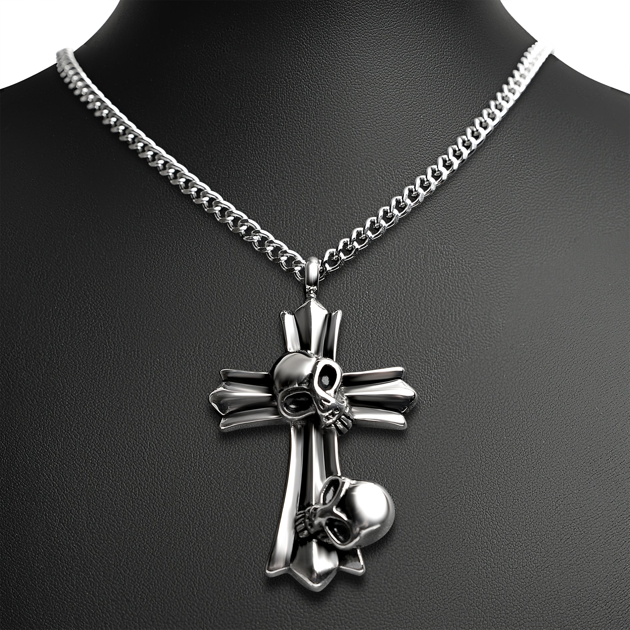 Stainless Steel Double Skull Cross Curb Chain Necklace
