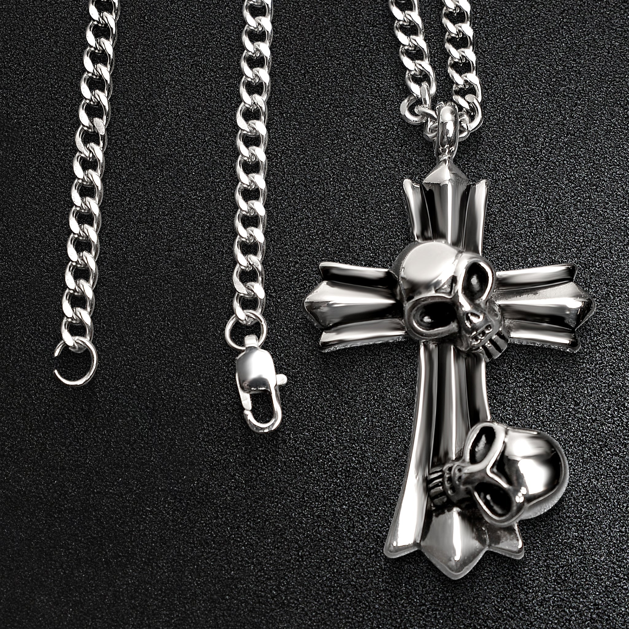 Stainless Steel Double Skull Cross Curb Chain Necklace