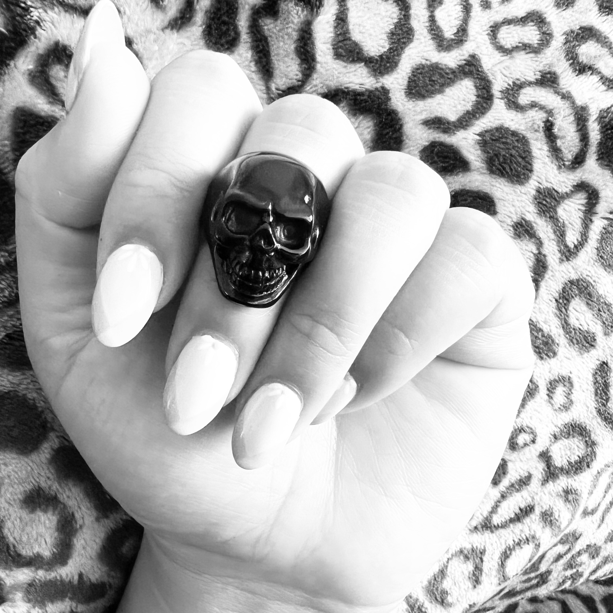 Stainless Steel Black Grinning Skull Unisex Ring