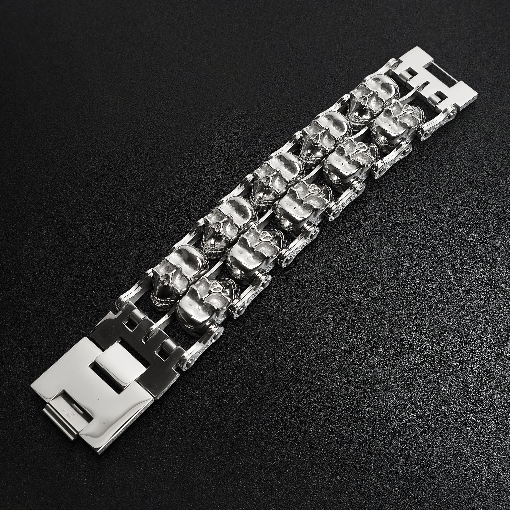 Stainless Steel Double Skulls Alternating Bike Chain Bracelet