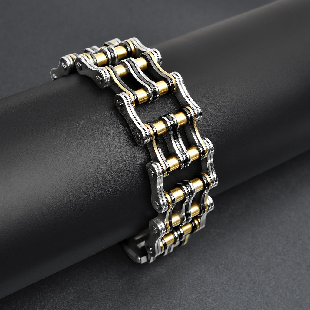 Black And 18K Gold PVD Coated Double Bike Chain Bracelet