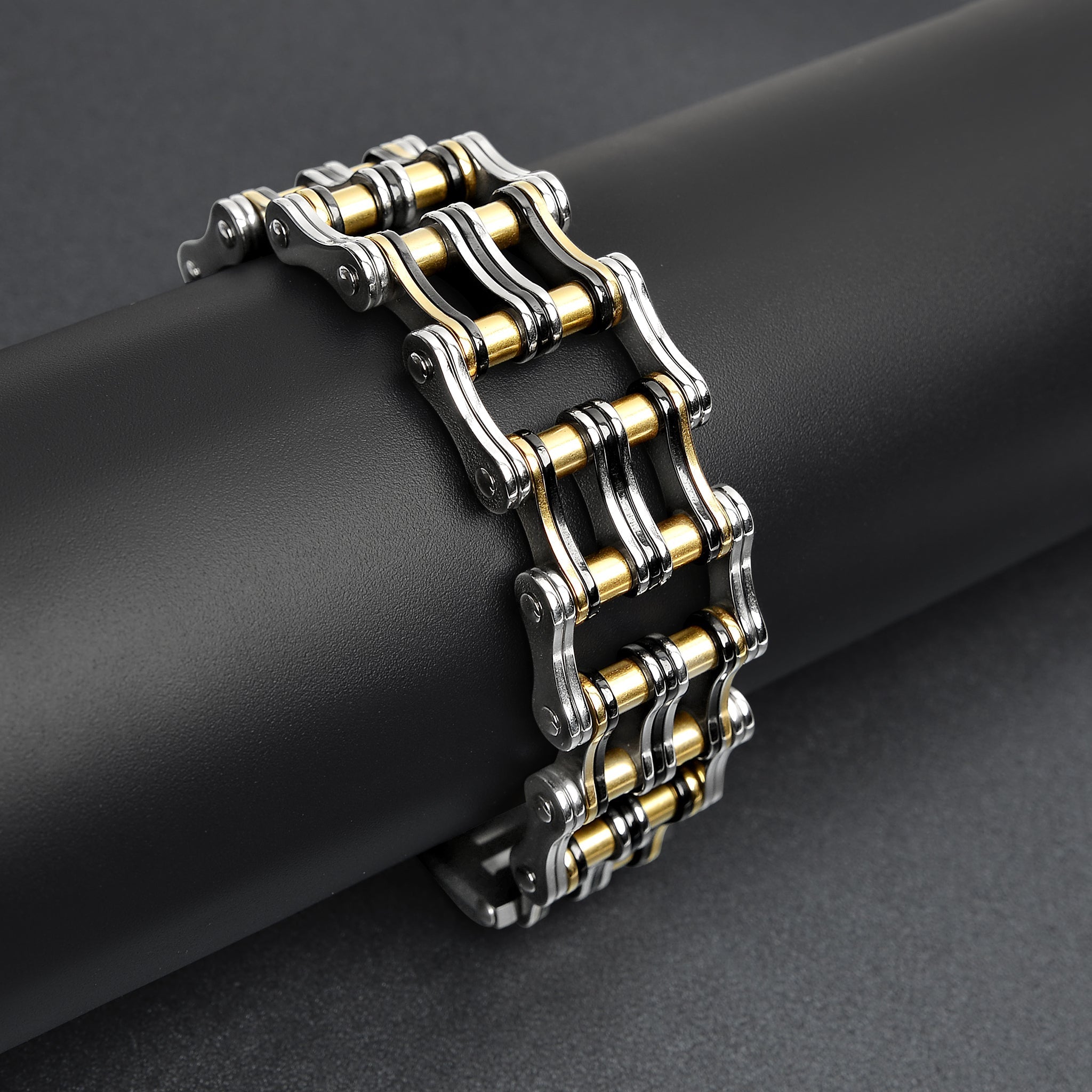 Black And 18K Gold PVD Coated Double Bike Chain Bracelet