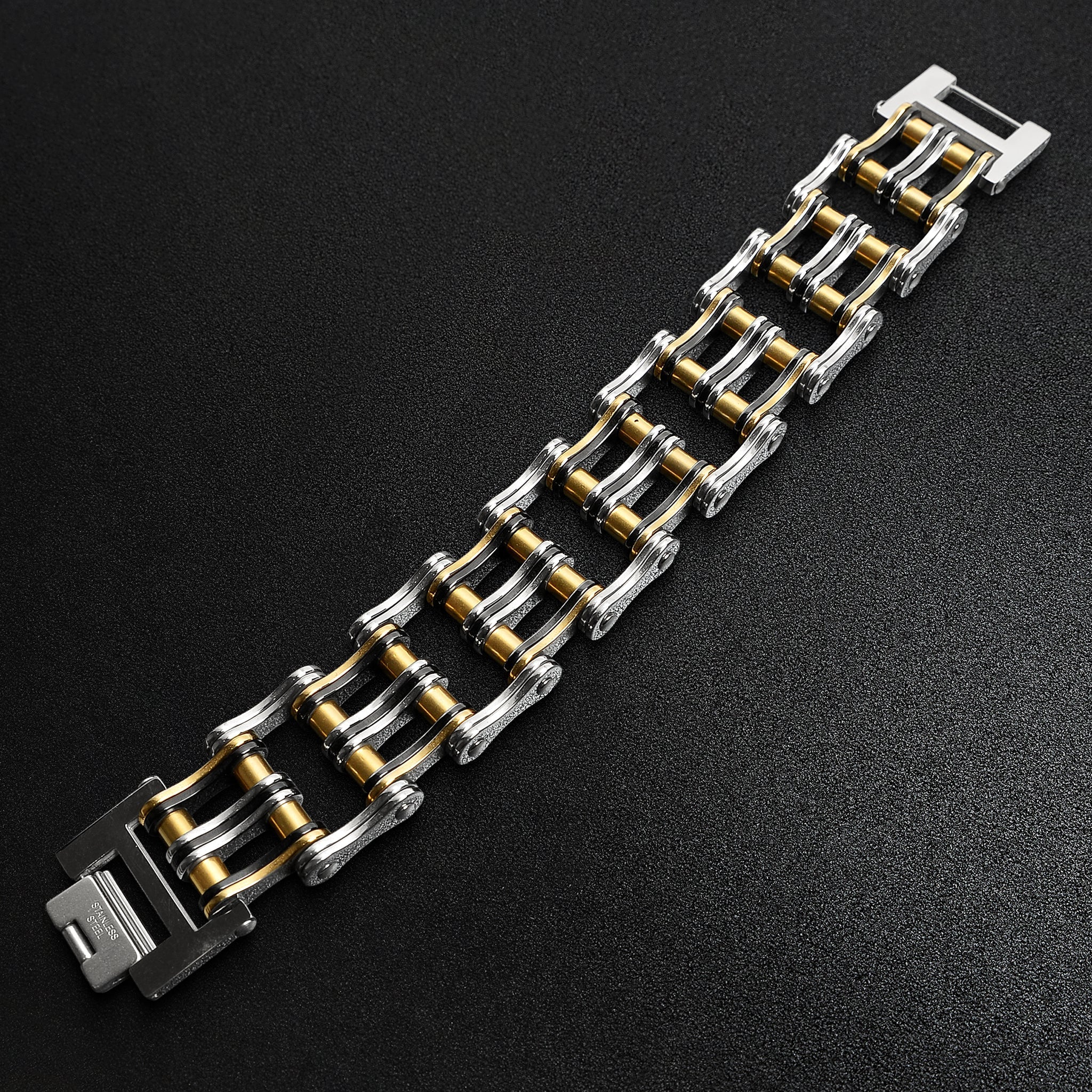 Black And 18K Gold PVD Coated Double Bike Chain Bracelet