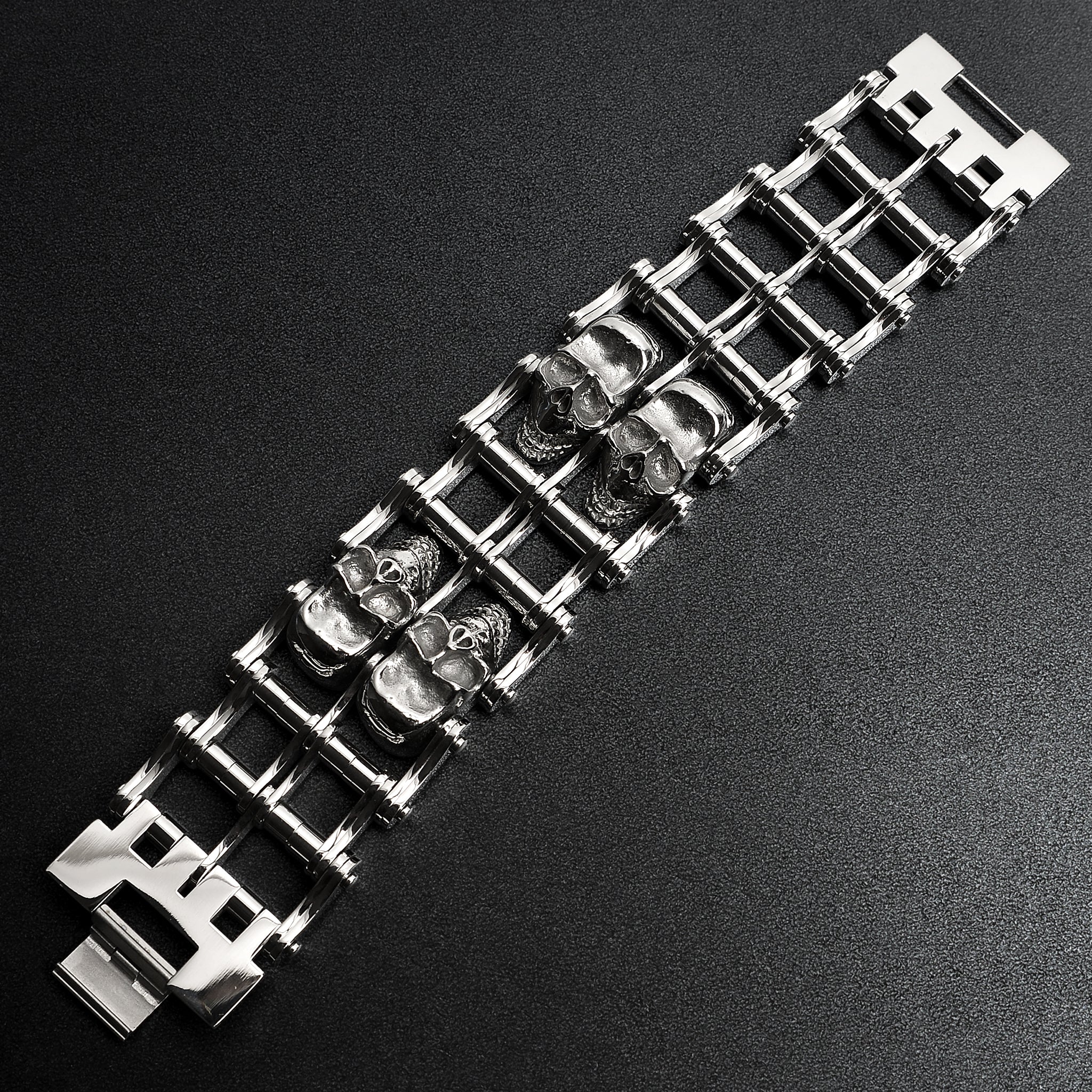 Stainless Steel Double Skull Bike Chain Bracelet