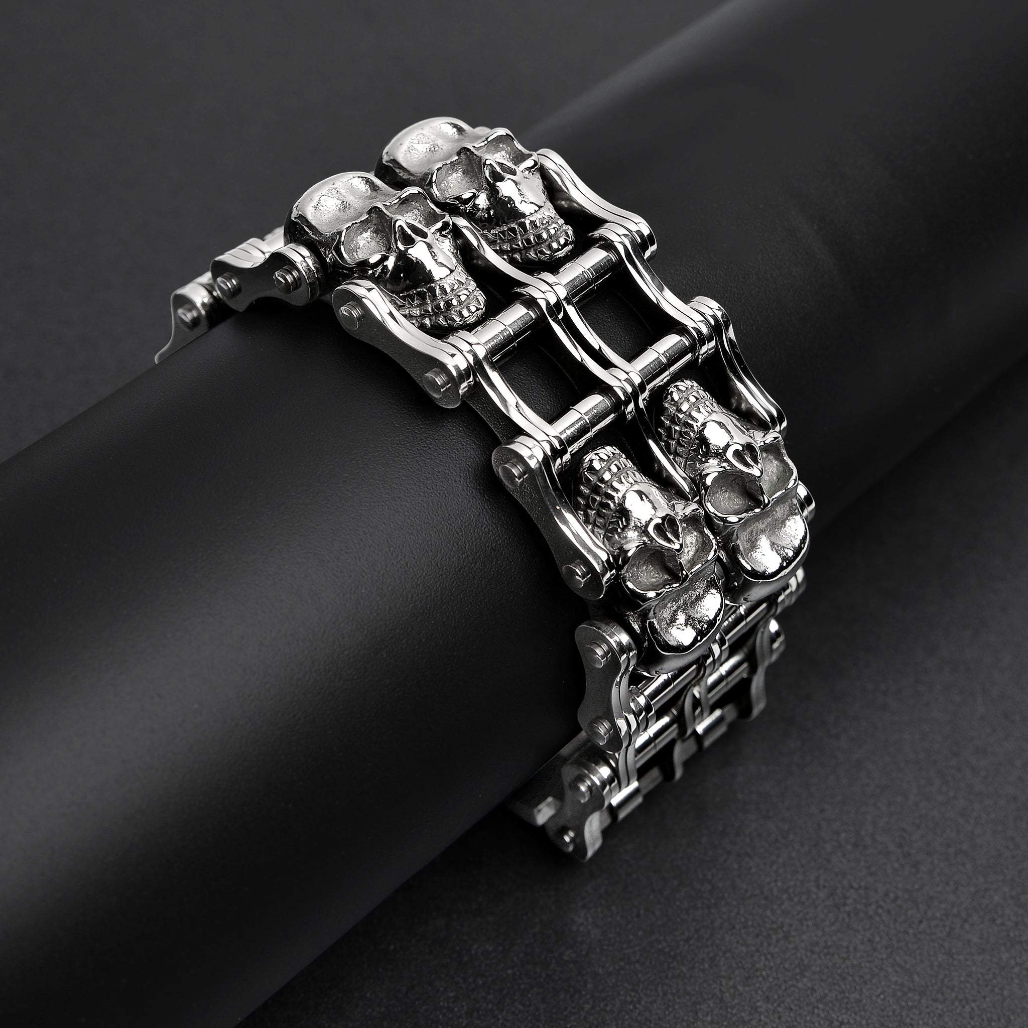 Stainless Steel Double Skull Bike Chain Bracelet