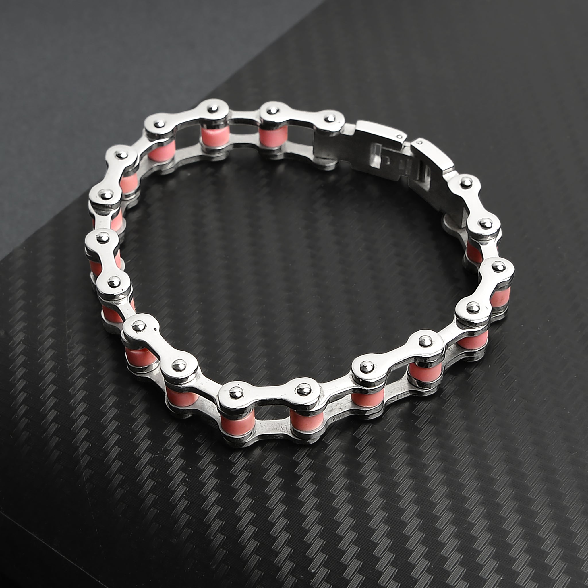 Stainless Steel And Pink Women's Bike Chain Bracelet