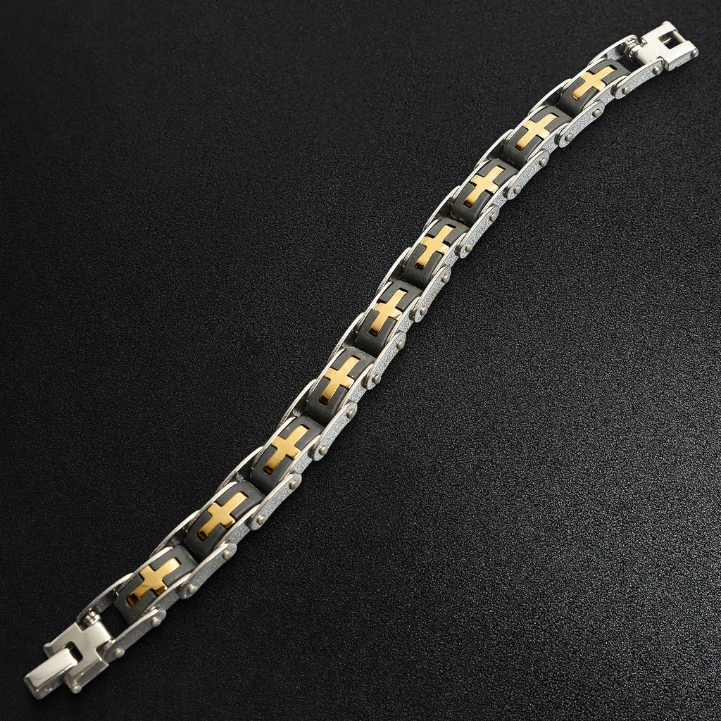 Stainless Steel And Gold Cross Bike Chain Bracelet